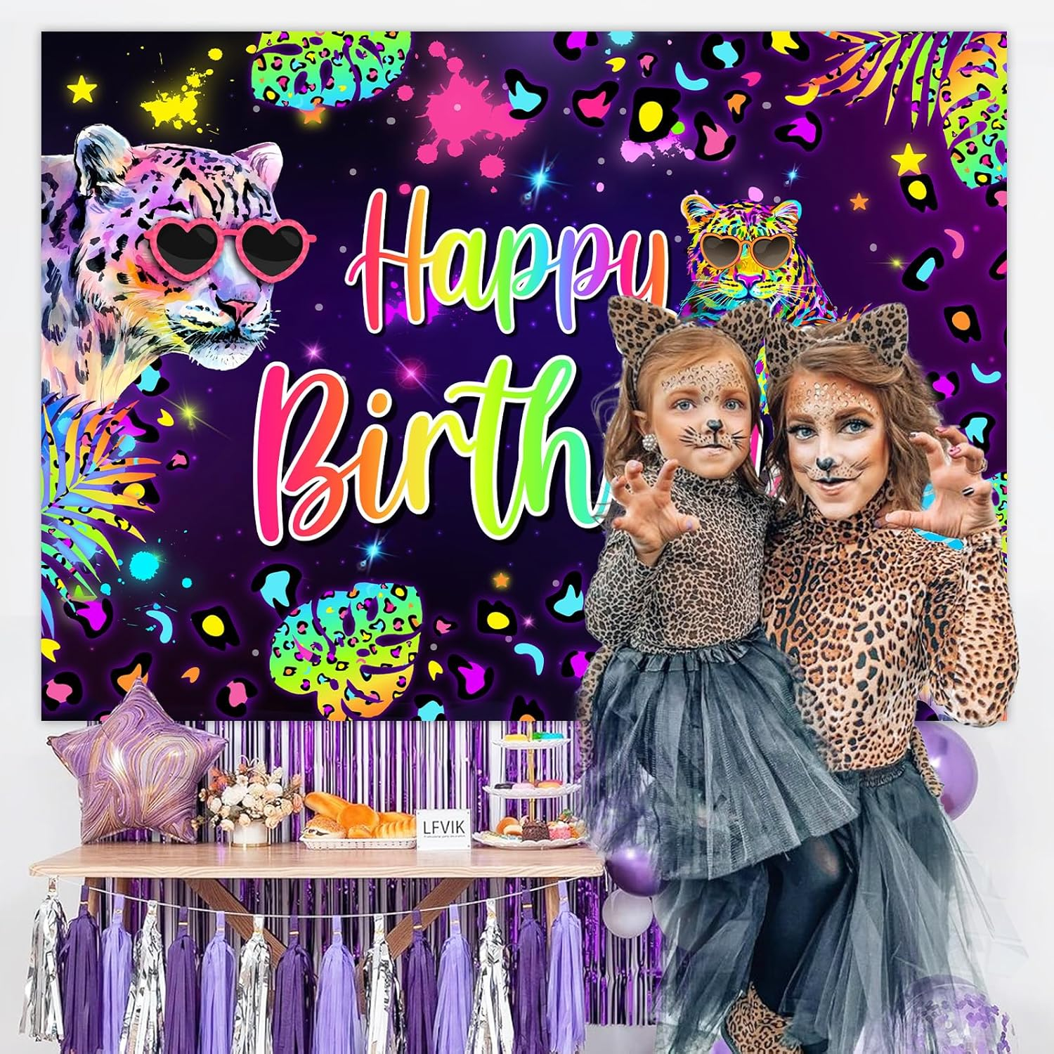 Wonmelody 7 * 5Ft Rainbow Leopard Birthday Backdrop Rainbow Cheetah Party Decorations Neon Leopard Photography Background Safari Wild Cheetah Photoshoot Backdrop Party Supplies for Women Girls image number 2