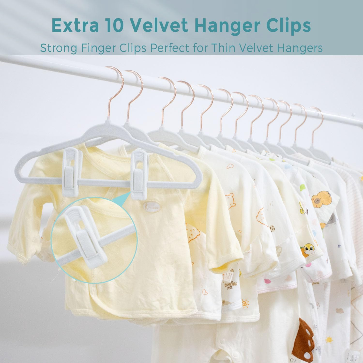 Tonswachic Kids Velvet Hangers - 11 Inch Non Slip Toddler Hangers - 50 Pack with 10 Finger Clips, White image number 3