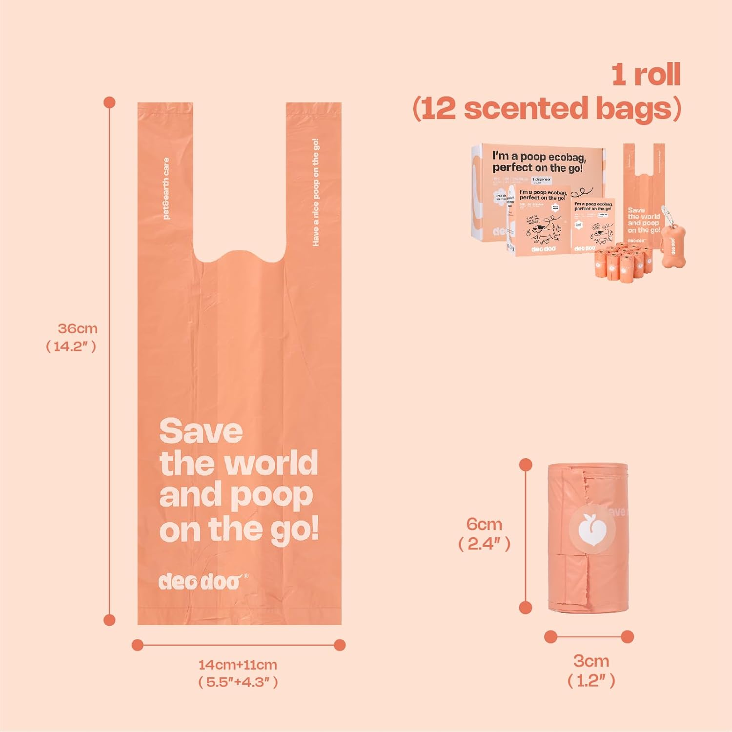 Deo Doo Dog Poop Bags with Handles 30 Rolls 360 Counts Big Sizes Leak Proof and Extra Thick Waste Bags Refill Rolls for Walking Small Medium Large Dogs Cats Litter Peach Scented - Onthego-Peach Scented-360Pcs image number 2