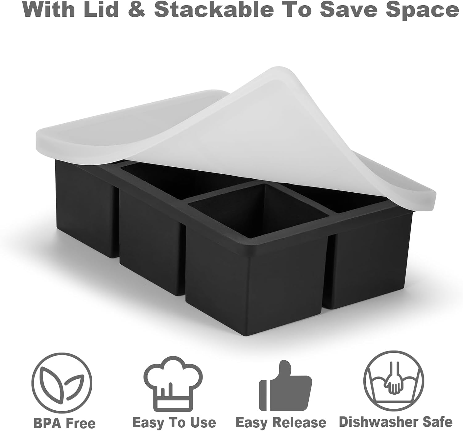 Large Silicone Ice Cube Tray with Lid 2 Pack, Stackable Square Ice Cube Molds for Whiskey,Cocktails,Baby Food Soup Frozon Treat, Kitchen Bourbon Gifts Stocking Stuffers for Adults Men Women image number 2