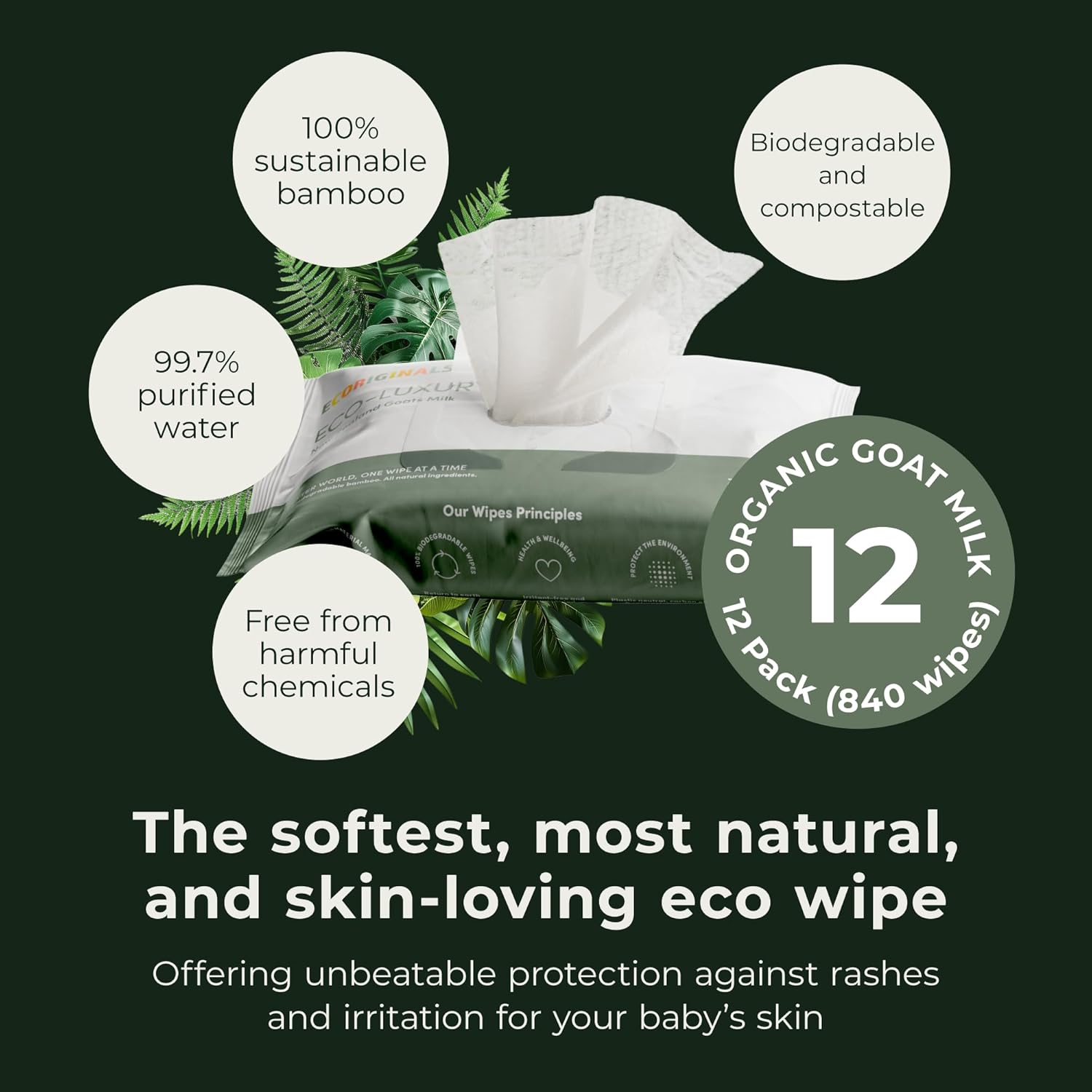 Ecoriginals - 12 Pack of Wet Wipes - Biodegradable Baby Wipes with New Zealand Goat Milk, Amino Acid & Aloe Vera Extract - Sensitive Baby Wipes - Baby Essentials for Babies, 12 Pack (840 Wipes) image number 2