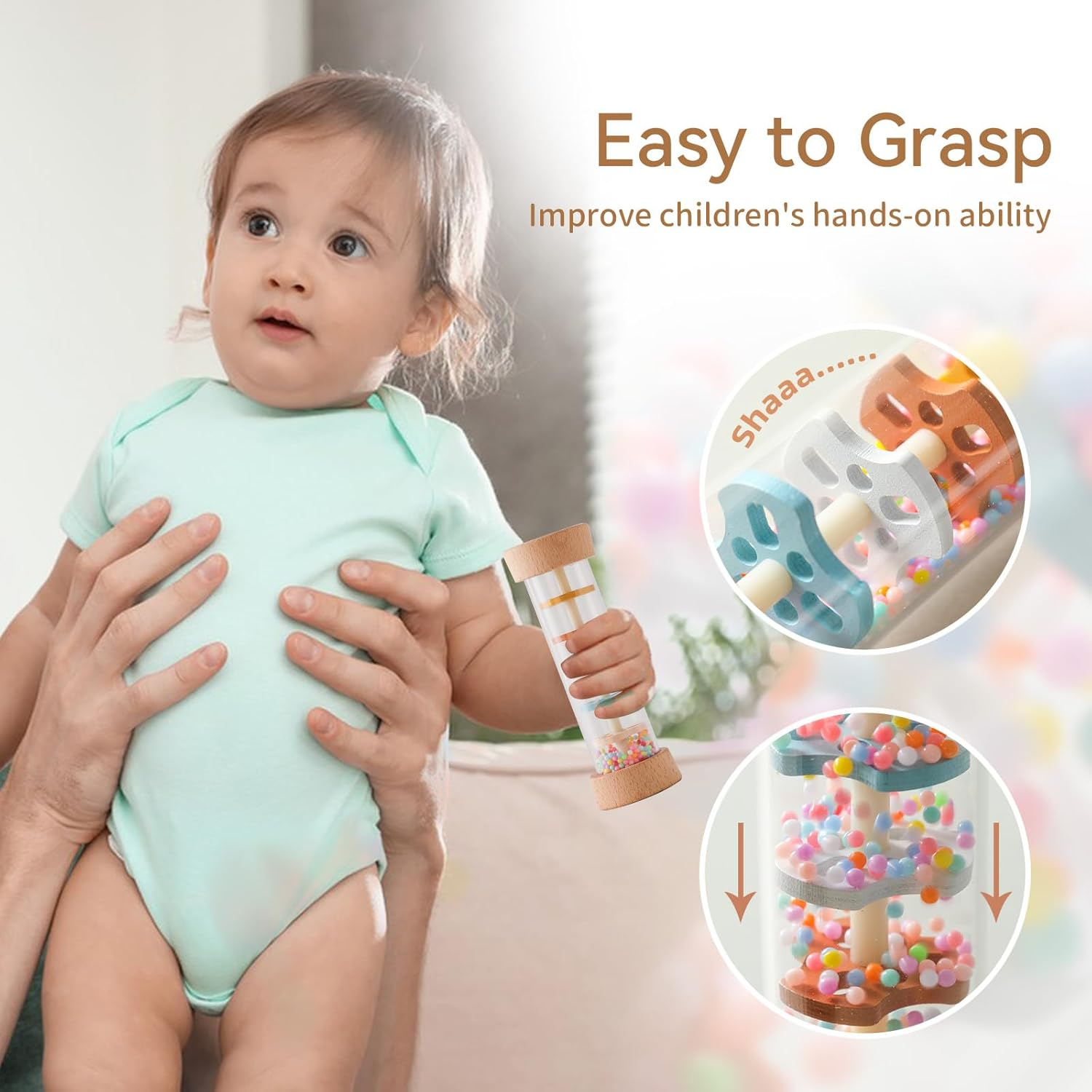 IEATFO Wooden Baby Rattle Set (3Pcs) - Crochet Rattle Rain Stick Toys, Wooden Montessori Toy for Newborn Infant Baby Rattles Set Toys 3-6-12 Months (Bunny) image number 3