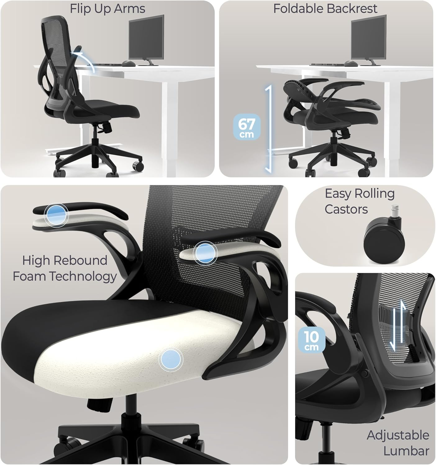 Tervo Model U | Folding Office Chair for Small Spaces | Gaming Chair for Adults & Kids | Ergonomic Mesh Computer Chair for Bedroom | Foldable Desk Chair for Home Work | (Midnight Black) image number 1