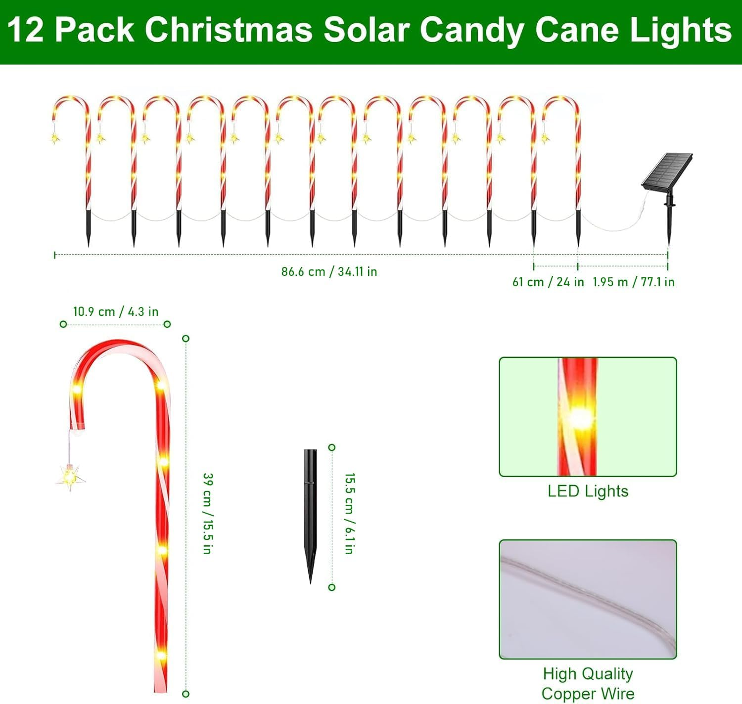 Ninonly 12 Pack Christmas Candy Cane Pathway Lights, Christmas Solar Stake Lights with 72 LED Lights, 8 Light Modes Christmas Decorations for Outdoor Patio Garden Yard Xmas Holiday image number 4