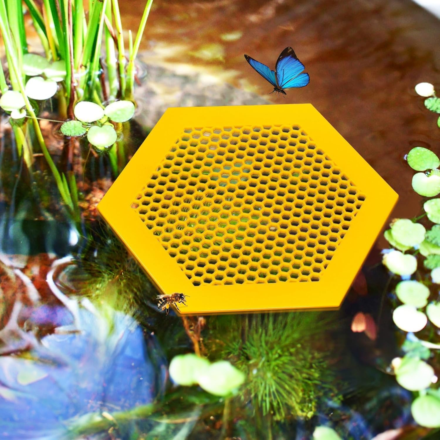 1 Pack Large Floating Bee Island for Driking Floatable Bee Waterer Bee Feeder with Beehive Design, Floating Watering Station for Feeding for Outdoor Garden (Yellow) image number 1