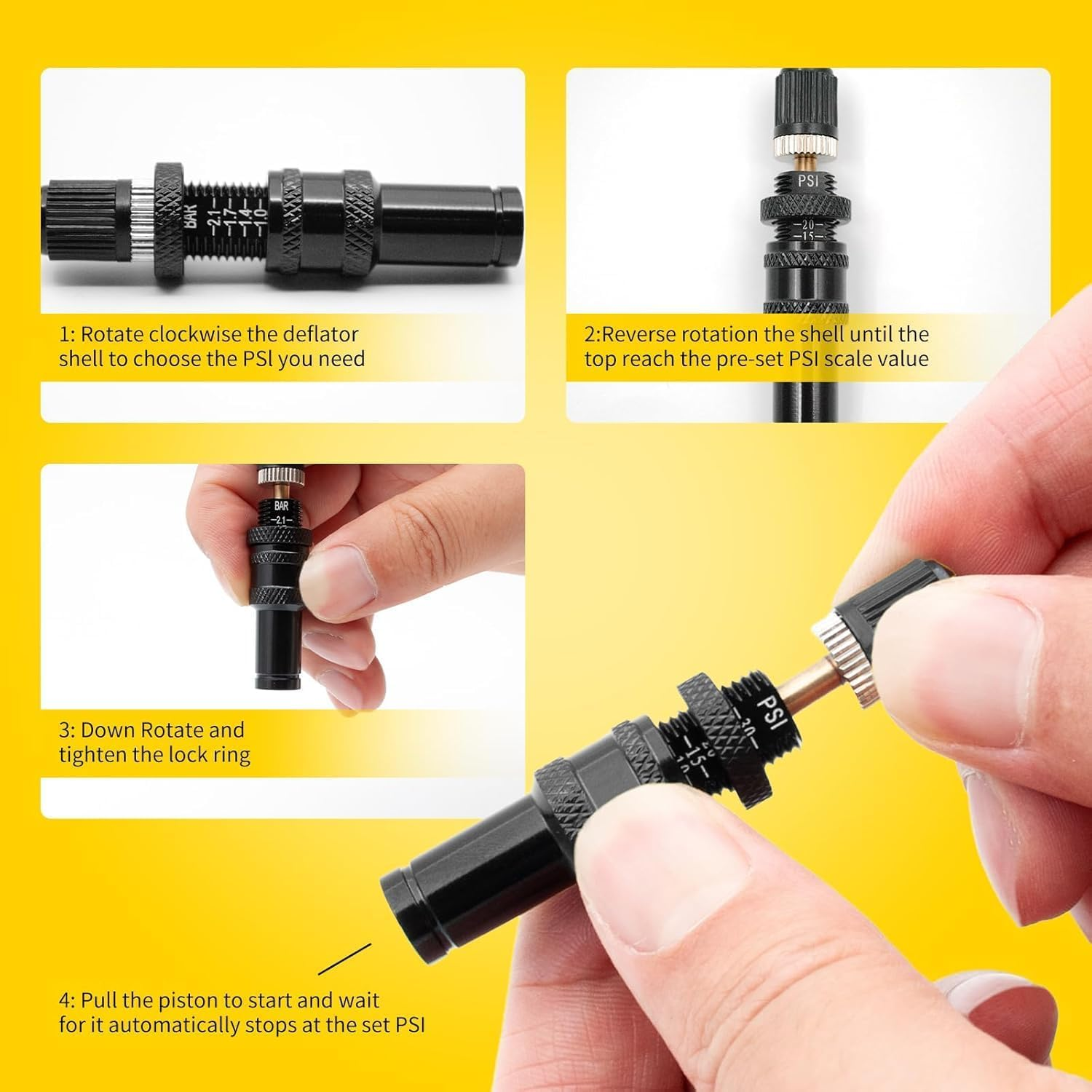 Dsocool 4 Pcs Automatic Tire Deflators Kit, 10-30 PSI / 0.7BAR-2.1BAR Adjustable Tire Deflator with 4 Valve Caps, Auto-Stop Tire Air Deflator Valve for Cars Trucks Motorcycles Offroad Vehicle Atvs Tir image number 4