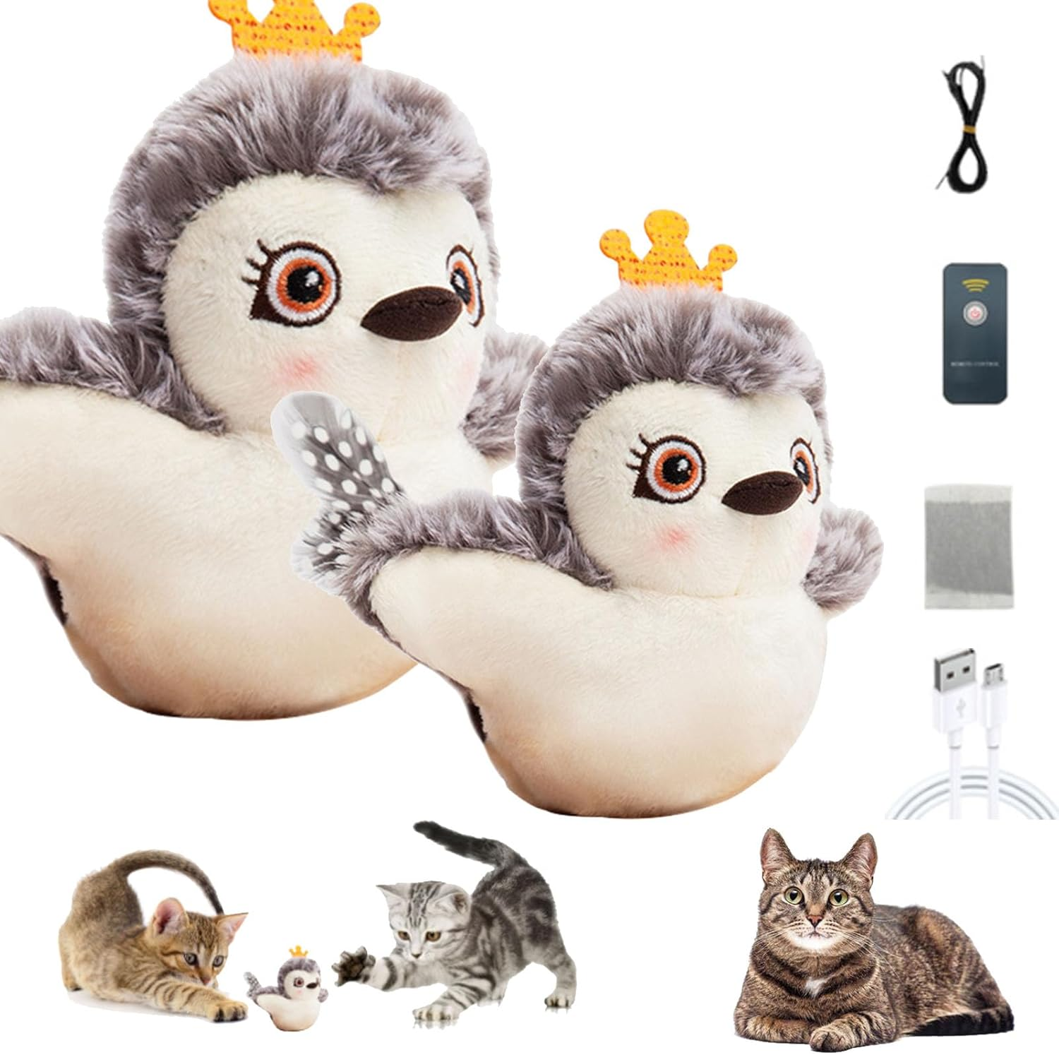 Piper Tomi Interactive Cat Toy - Touch Activated Chirping Bird with Flapping Wings - Kitten Toy with Remote (2Pcs)