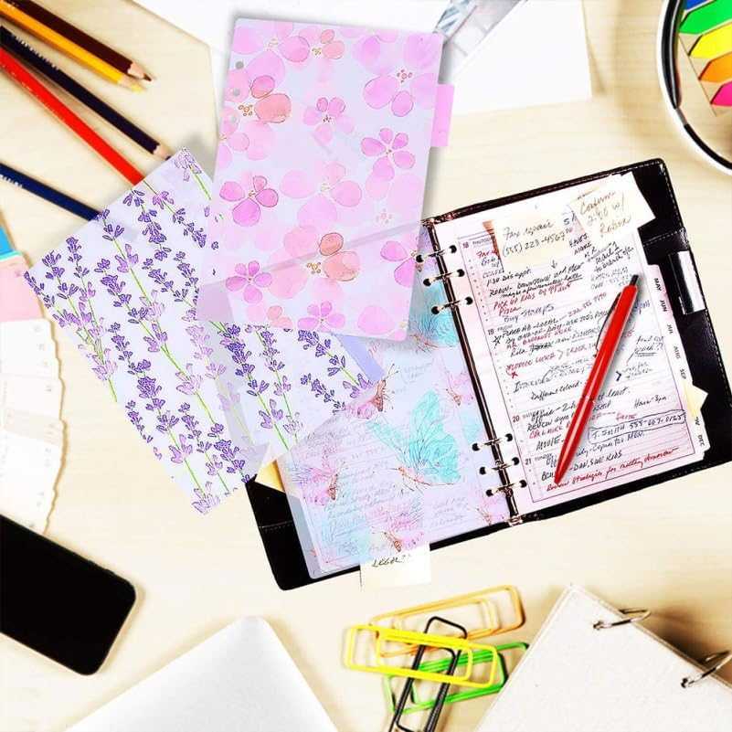 TEHAUX 12Pcs A5 Binder Index Dividers, Assorted Color PP 6-Hole Floral Pattern, Transparent Tab Dividers for Easy Organization, Separation Sheets Ideal for Office and School Use