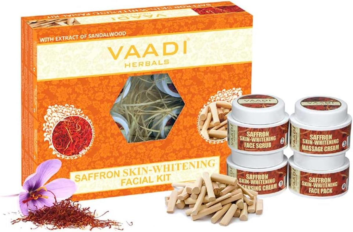 Vaadi Herbals Organic Facial Kit (Cleansing Cream + Face Scrub + Massage Cream + Face Pack ) - Saffron Skin Whitening Facial Kit with Sandalwood Extract - Lightening & Brightening Skin Tone - Reduce Wrinkles under Eye Dark Circles - Sulfate Free - for Men Women All Skin Types - All Natural 70 Gms
