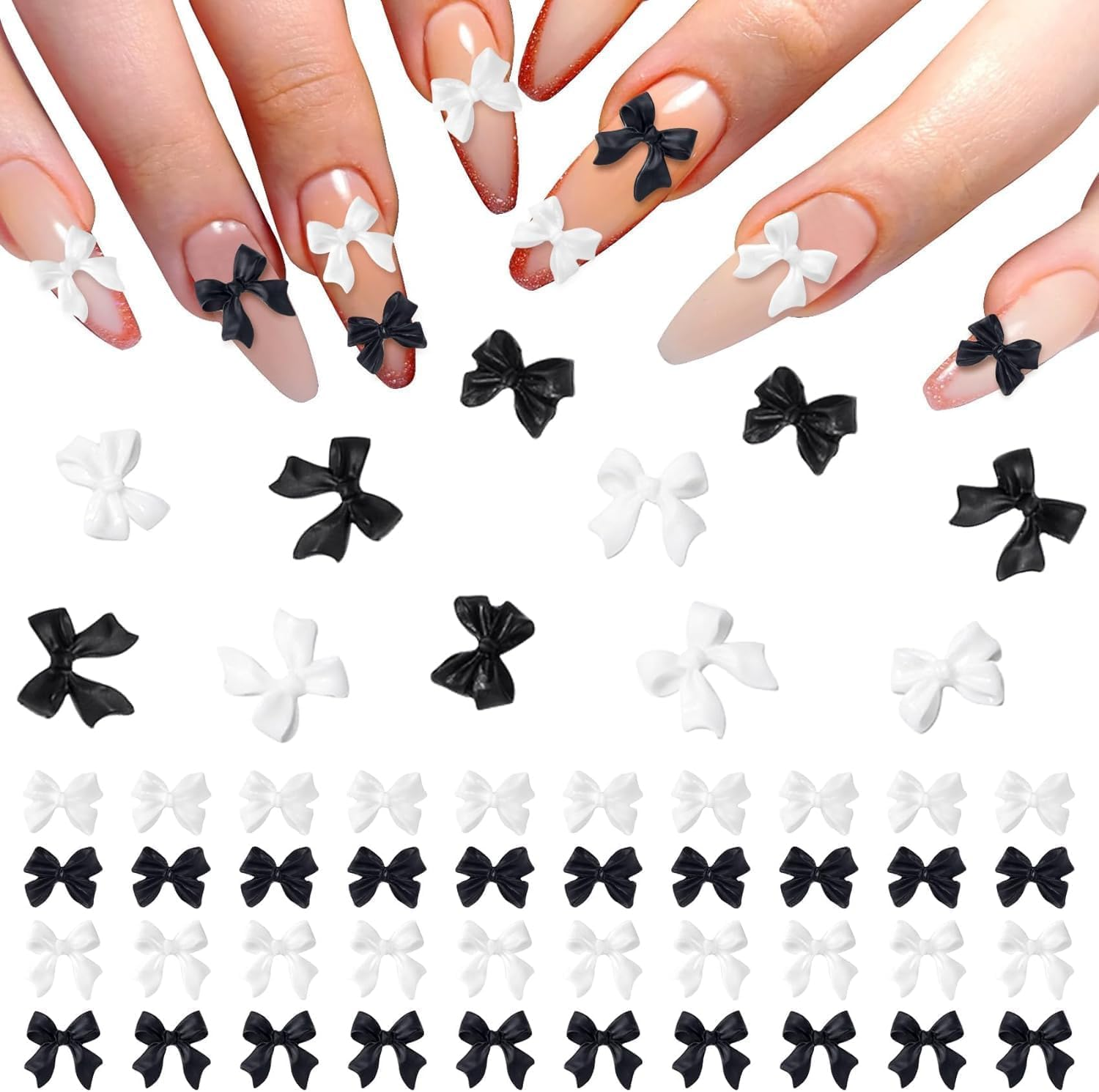 200Pcs 3D Colorful Aurora Bow Nail Art Decoration, Bow Nail Charms Nail Multi-Shape Charms Pendant Pearls Art Accessories(Black White) image number 6