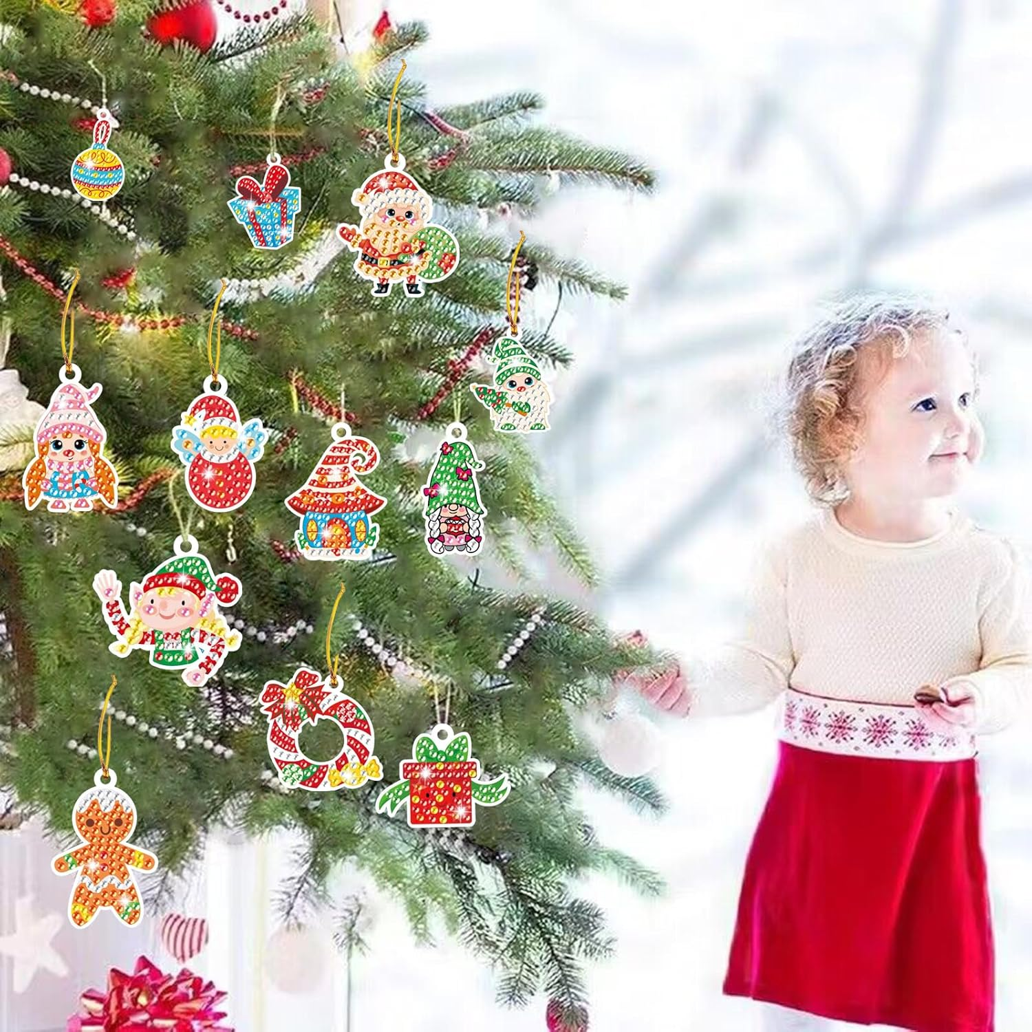 Christmas Diamond Art Painting Pendant, ACSAUMMY 38Pcs 5D Diamond Dots Painting Cards Pictures Kids Diamond Art Dots DIY Diamond Kits Gem Art Craft for Christmas Tree Xmas Accessories Party Xmas Decor image number 5