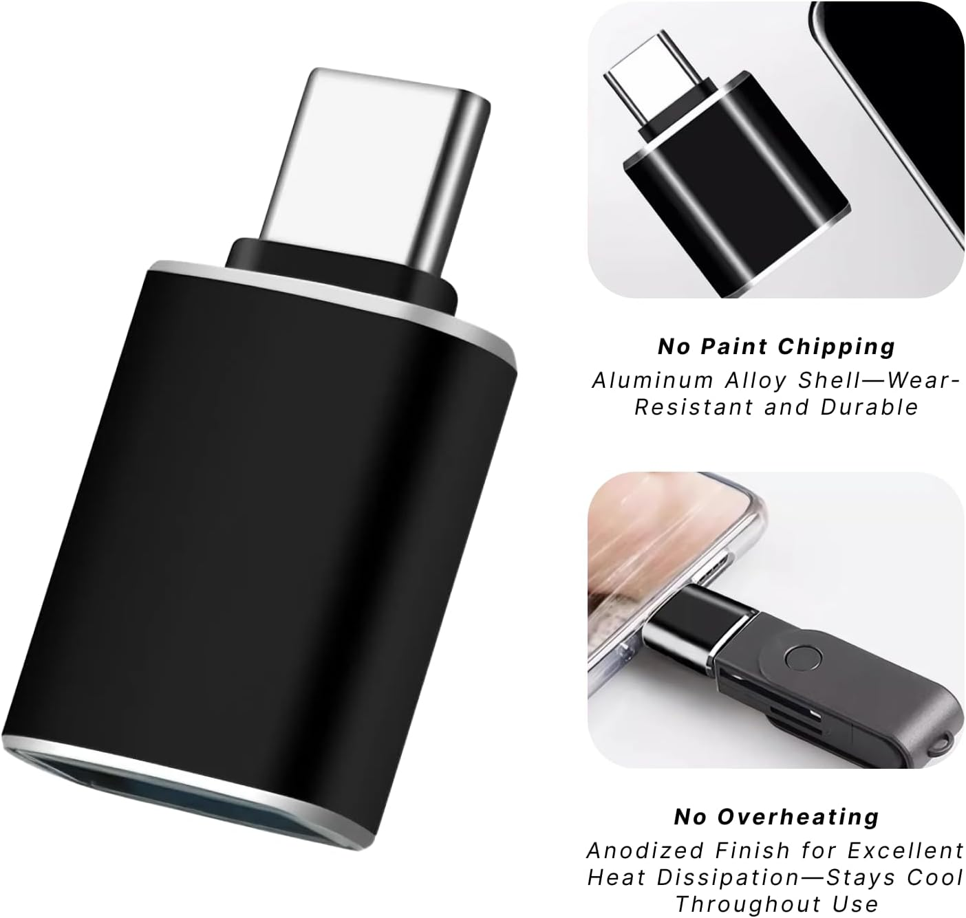 5Gbps USB-C to USB Adapter 4-Pack, Aluminium Type-C Male to USB-A Female Converter, Supports Thunderbolt 4/3 OTG, Compatible with Iphone 15/16, Macbook Air/Pro, Ipad, High-Speed Data Transfer, Black image number 3