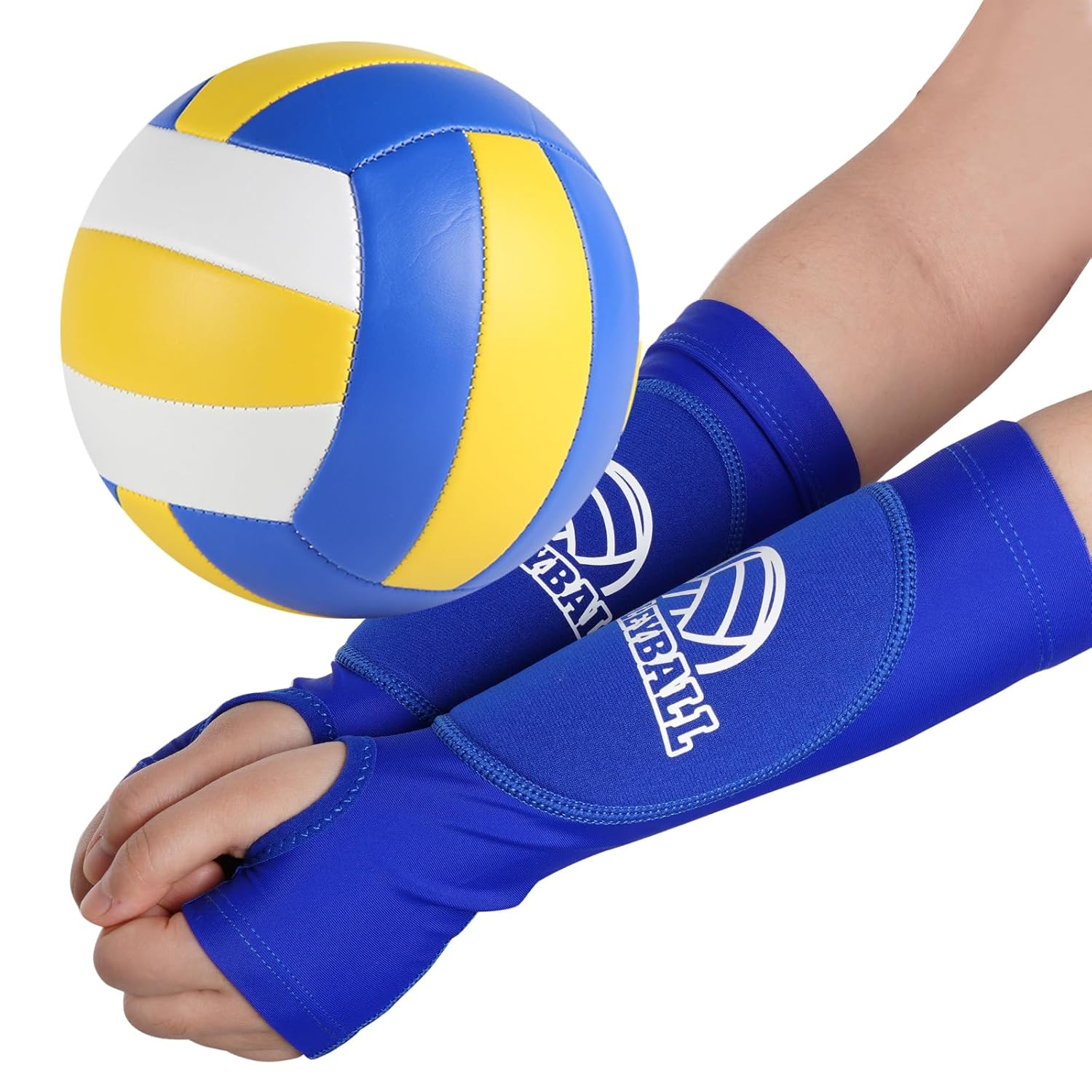 Obmwang 2 Pieces Volleyball Accessories Including Volleyball Knee Pads and Arm Sleeves with Protection Pads and Thumb Hole for Women Girls Teens (Blue)