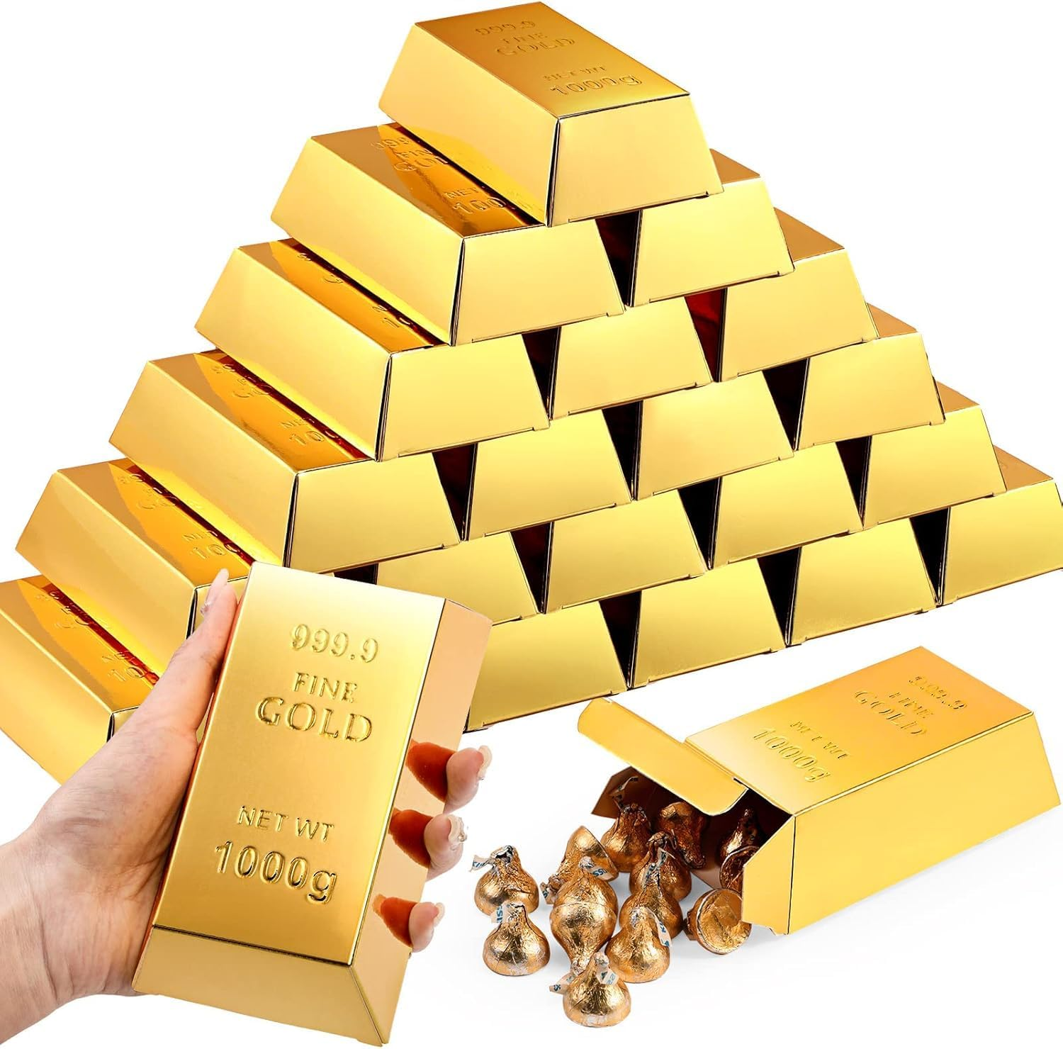 Gold Bar Fake Gift Box Foil Gold Bar Party Favor Boxes Paper Golden Favor Boxes Treasure Brick for Pirate Casino Theme Party Decorations Candy Treats Chocolate Toys（24 Pcs）