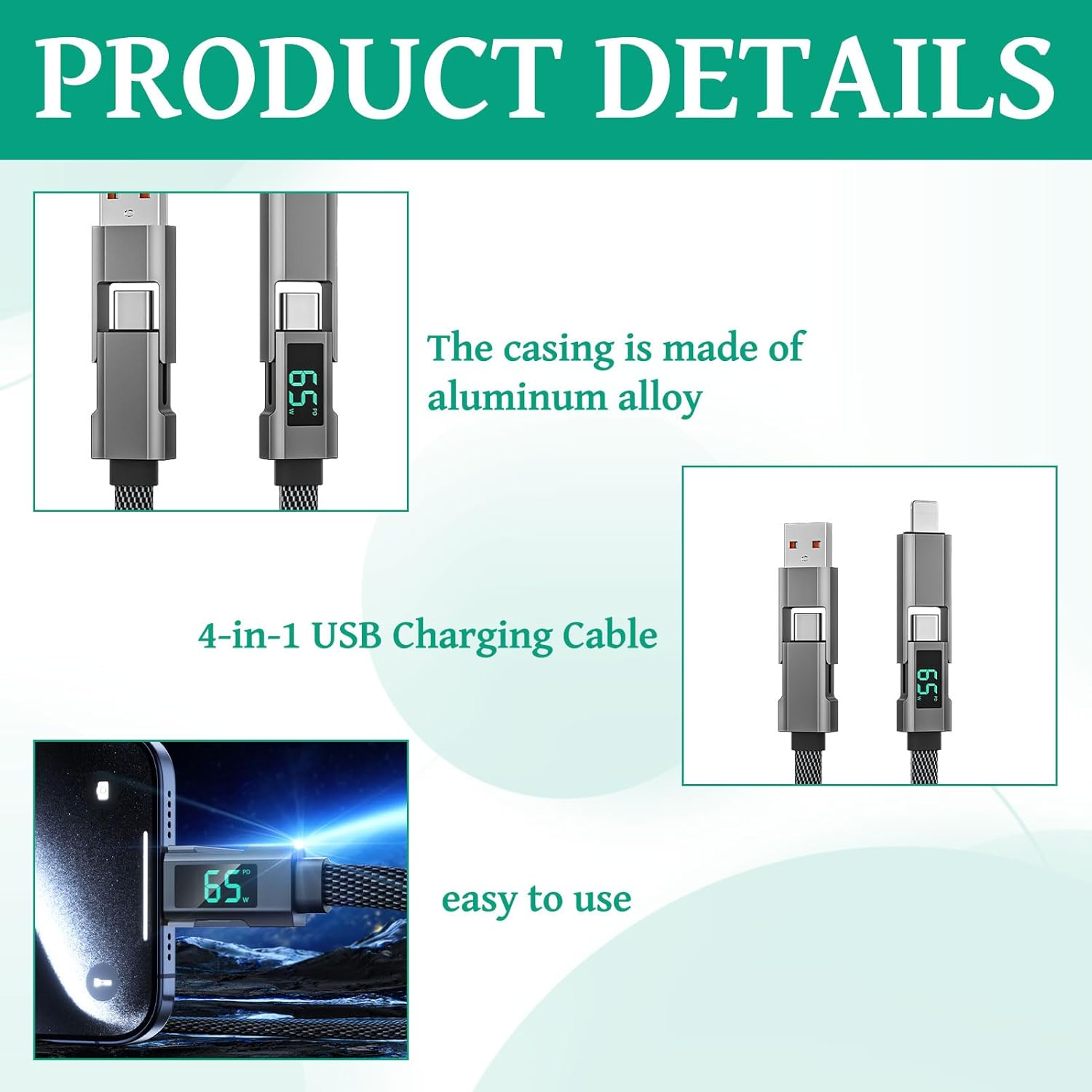 4 in 1 Charging Cable, 1M USB to Light-Ning Cable, USB a to Light-Ning Cables, 65W Multi-Port Universal Charger, PVC Braided Cables, Compatible with Iphone 16/15/14, Ipad, Android Phones image number 1