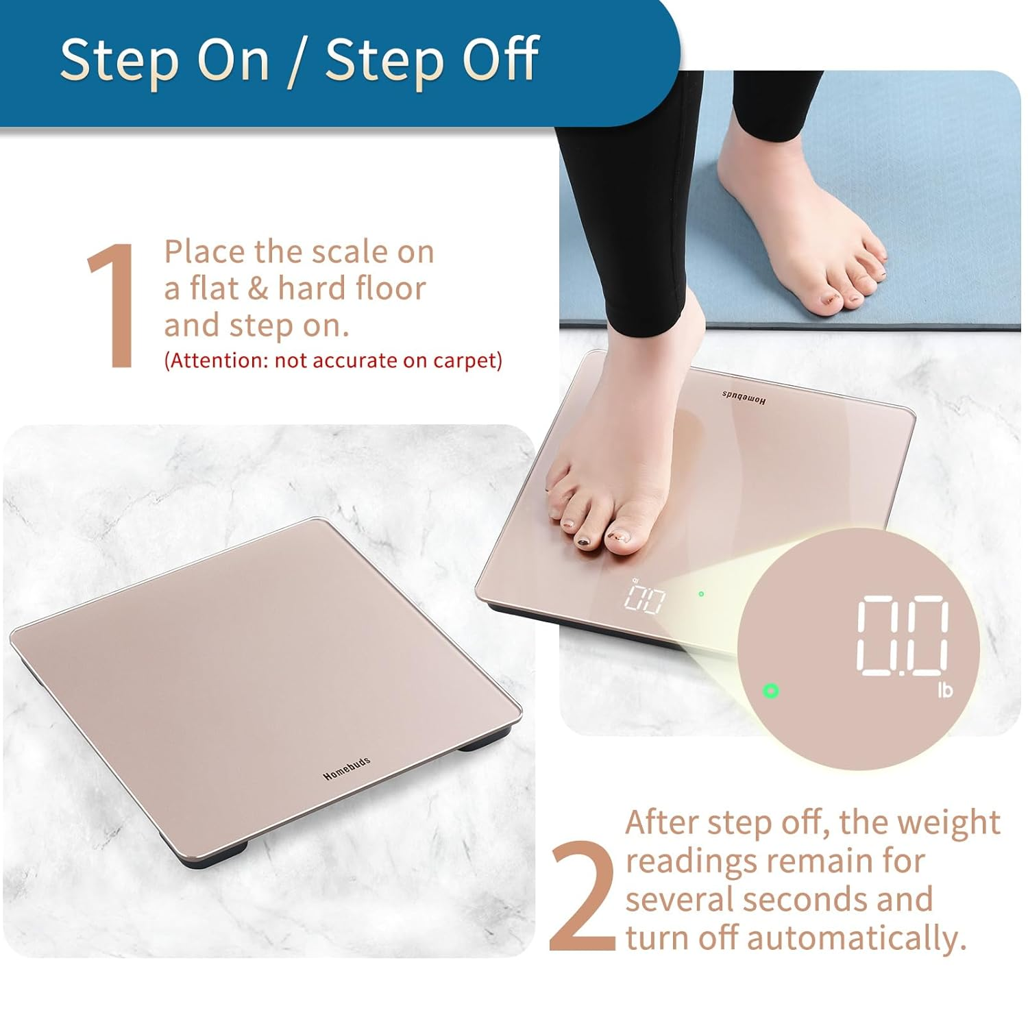 Homebuds Digital Bathroom Scales for Body Weight, High Precision Assured by Weight Scale Professional Factory since 2001, LED Display and Step-On, 3*AAA Batteries Included, 182Kg/400Lb, Rose Gold image number 4