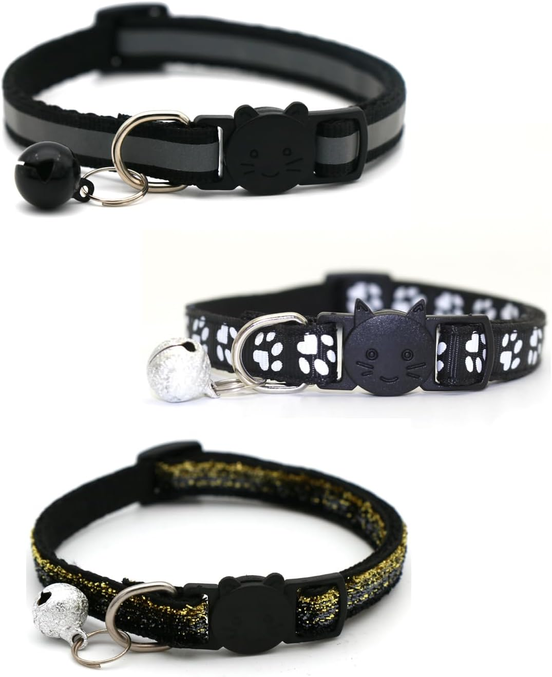 KGDUYC 3 Pieces Reflective Cat Collar with Safety Clasp and Bell, Adjustable Collar Cat Kitten Cat Collars Quick Release Reflective Kitten Collar, 19-32 Cm, Black