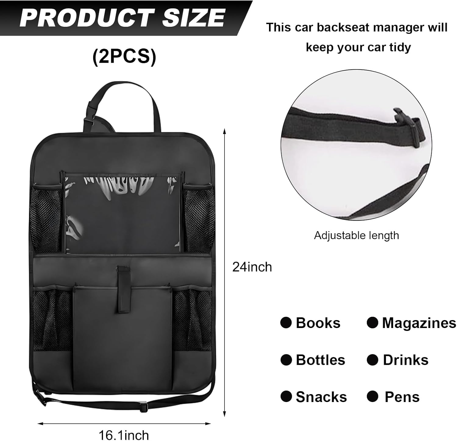 2 PCS Car Backseat Organizer, Heavy Duty Seat Back Storage Bag with Touch Screen Tablet Holder, Waterproof Kick Mats Back Seat Protector for Kids Toddlers, Car Accessories (Large Pocket) image number 6