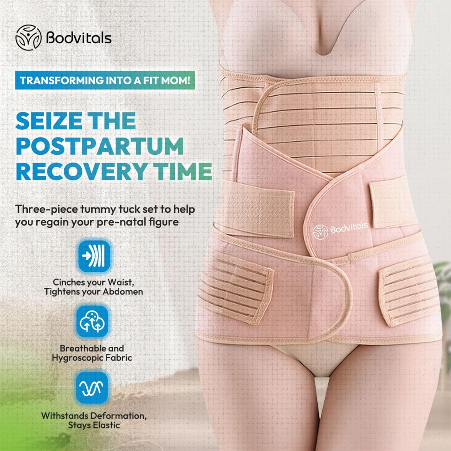 BODVITALS 3-In-1 Postpartum Belt | after Delivery Belly/Waist/Pelvis Shapewear | Tummy Control Slimming Girdle | Body Shaper Belt for Postnatal Recovery, C-Section, and Pelvic Support (Beige, L) image number 5