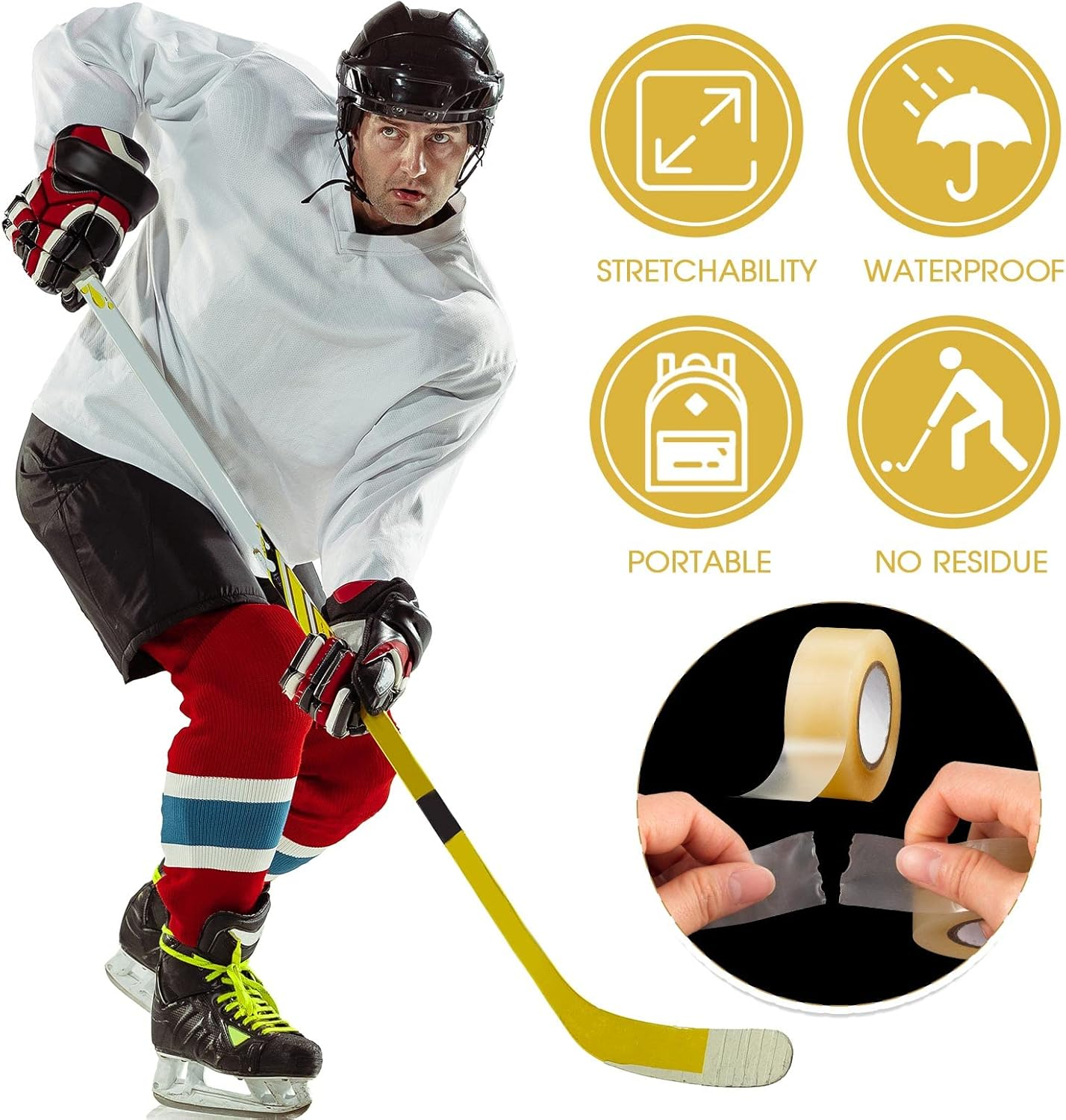 Meooeck 20 Roll Hockey Tape Multipurpose Tape Roll Strong Adhesive Hockey Stick Tape Shin Pad Sock Tape Hokey Sports Gifts for Gear Accessories Equipment, Easy to Apply Stretch and Tear - Clear image number 2