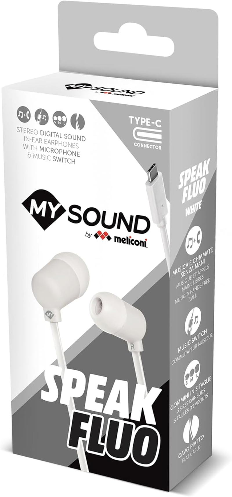 Meliconi Mysound by Speak Fluo White Type-C In-Ear Headphones - Soft Touch Material, Flat Tangle-Free Cable, Sweat Resistant, Perfect for Music and Calls, Ideal for Sports