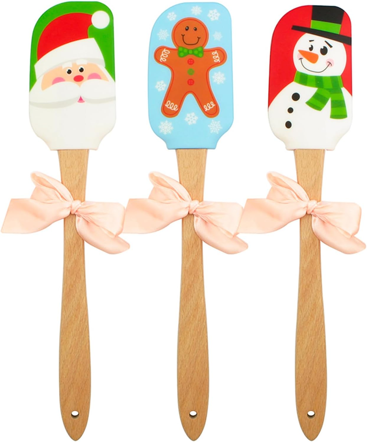 Silicone Spatula, Caliamary 3 Pieces Kitchen Mini Silicone Spatula Set, Christmas Cake Decorating Spatula with Wooden Handle, Snowman Gingerbread Man and Santa Claus Pattern (3) image number 4