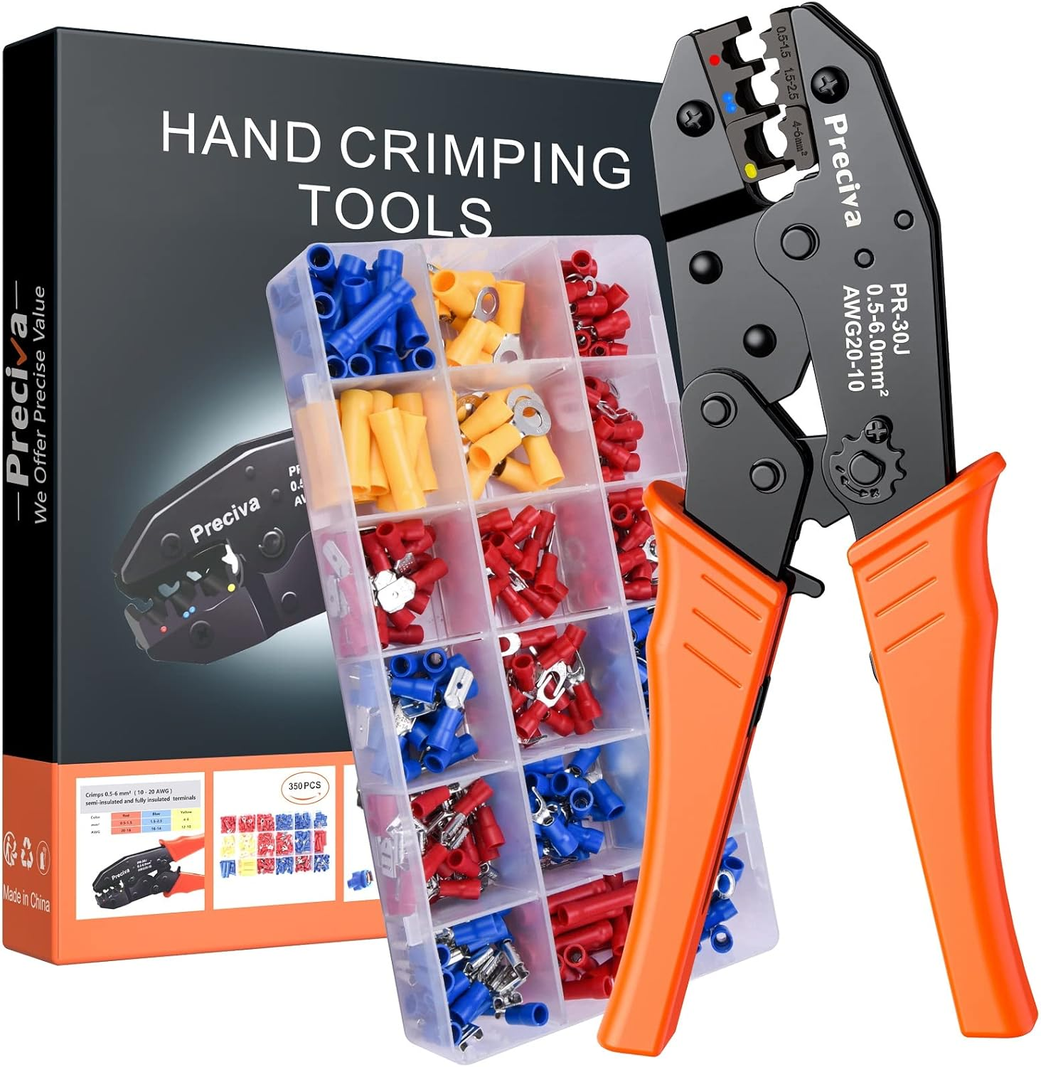 Preciva Crimping Pliers Cable Lugs Set, Crimping Pliers, Crimping Pliers, Cable Lugs Set with 350 Pieces, Electrical Connector Crimp Connector Assortment 0.5-6 Mm&sup2; for Insulated Cable Lugs image number 2