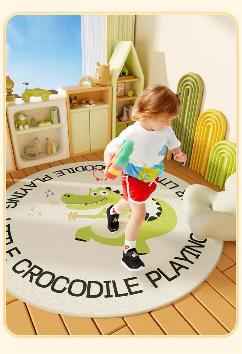 Round Play Mat, Anti-Slip, Green Crocodile, Animal, Cartoon, Cute, Kids Room Decor, Children'S Room Rug, Floor Rug, Area Rug, Diameter 80Cm/31.5&rsquo;&rsquo; image number 4