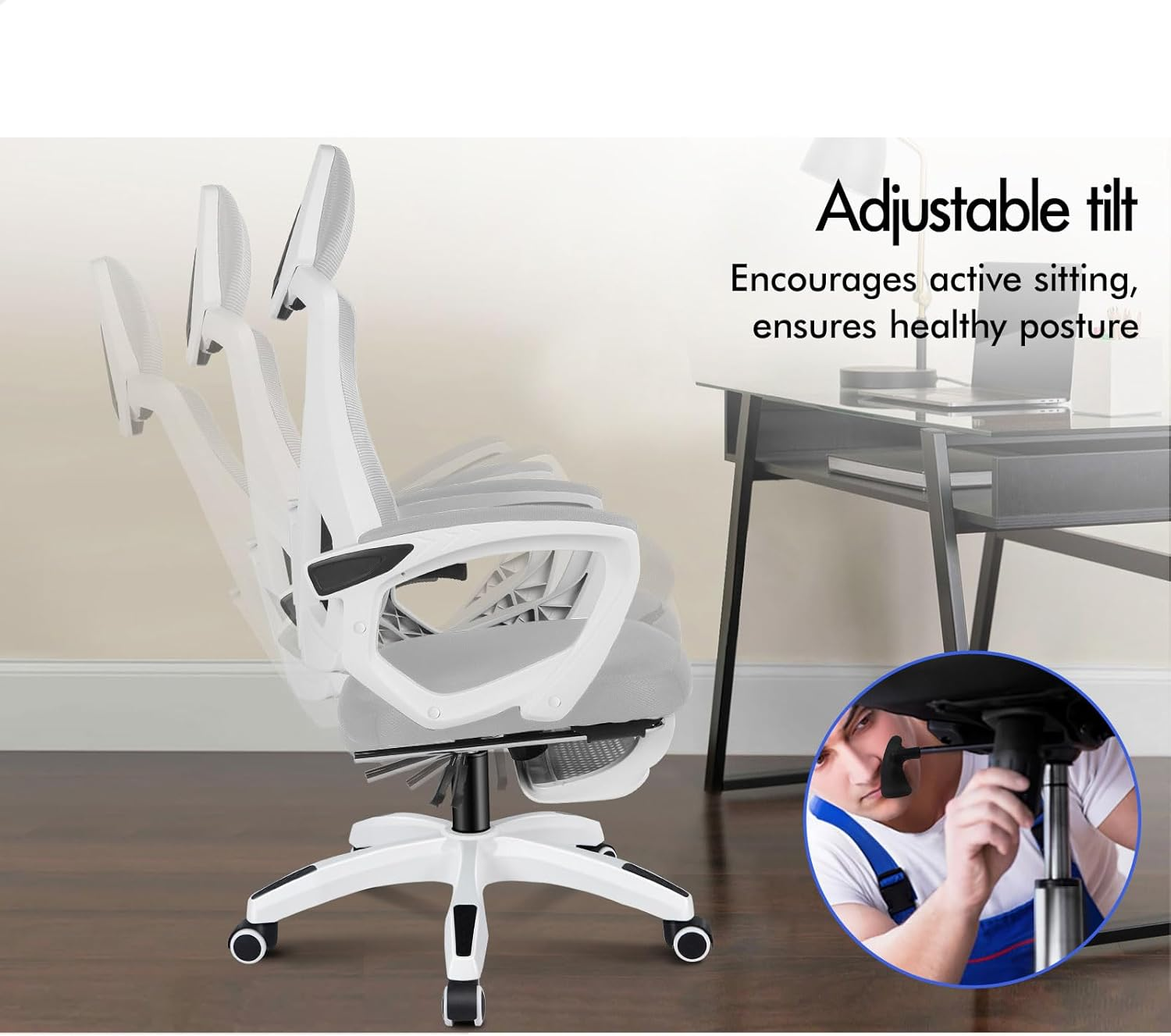 ALFORDSON Ergonomic Mesh Office Chair with Headrest and Footrest, Executive Computer Office Chair with SGS Listed Gas-Lift, Desk Task Gaming Study Student Chair for Max 180Kg, Nova White Grey - White Grey image number 5