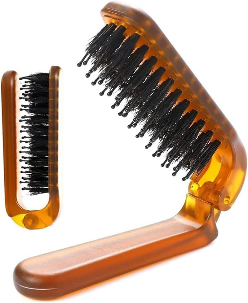 Folding Travel Hair Brush with Boar Bristles, Compact Pocket Size for All Genders and Ages, Suitable for Various Hair Types (Thin, Thick, Curly, Straight, Wet, Dry), Portable Amber Comb (Amber)
