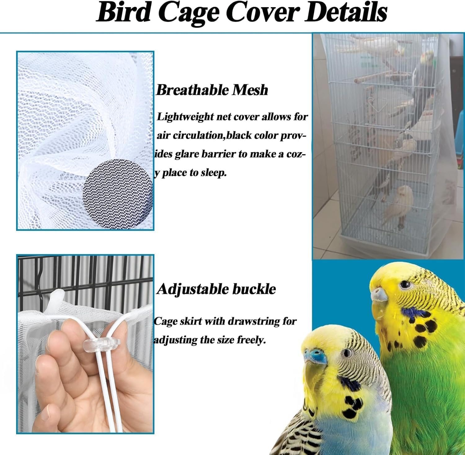 ASOCEA Bird Cage Seed Catcher Adjustable Bird Cage Cover Soft Nylon Mesh Net with Drawstring Birdcage Skirt Feather Guard for round Square Cages (Black) (300 X80 Cm White) image number 1