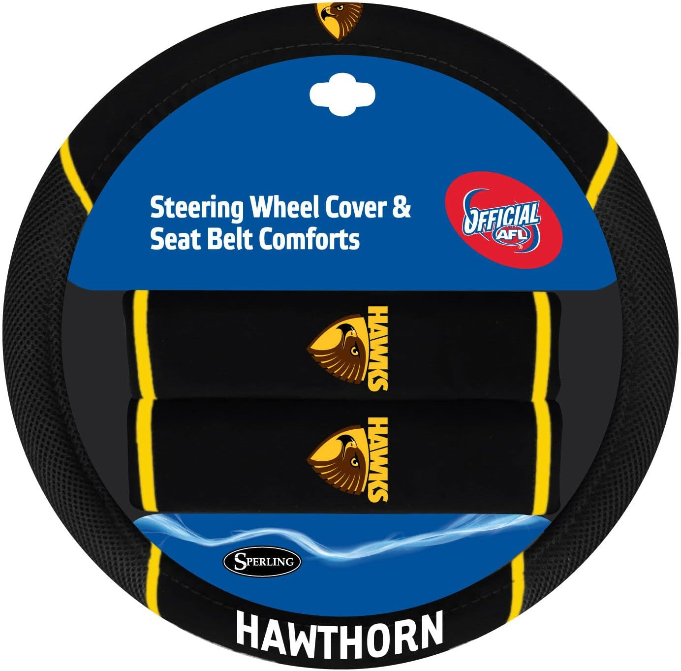 Sperling Hawthorn Hawks Official AFL Steering Wheel Cover and Seat Belt Cover Set