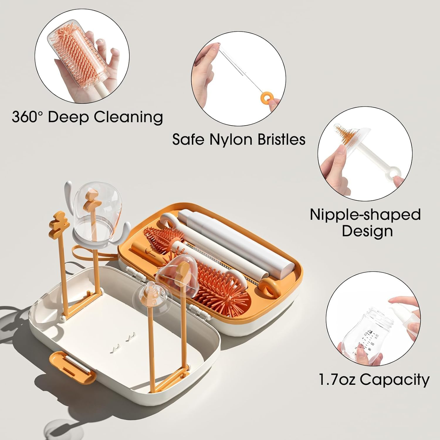 7-In-1 Bottle Brush Cleaning Set, Including Drying Rack, Draining Tray, Detachable Bottle Brush, Nipple Brush, Straw Brush and Soap Dispenser image number 4