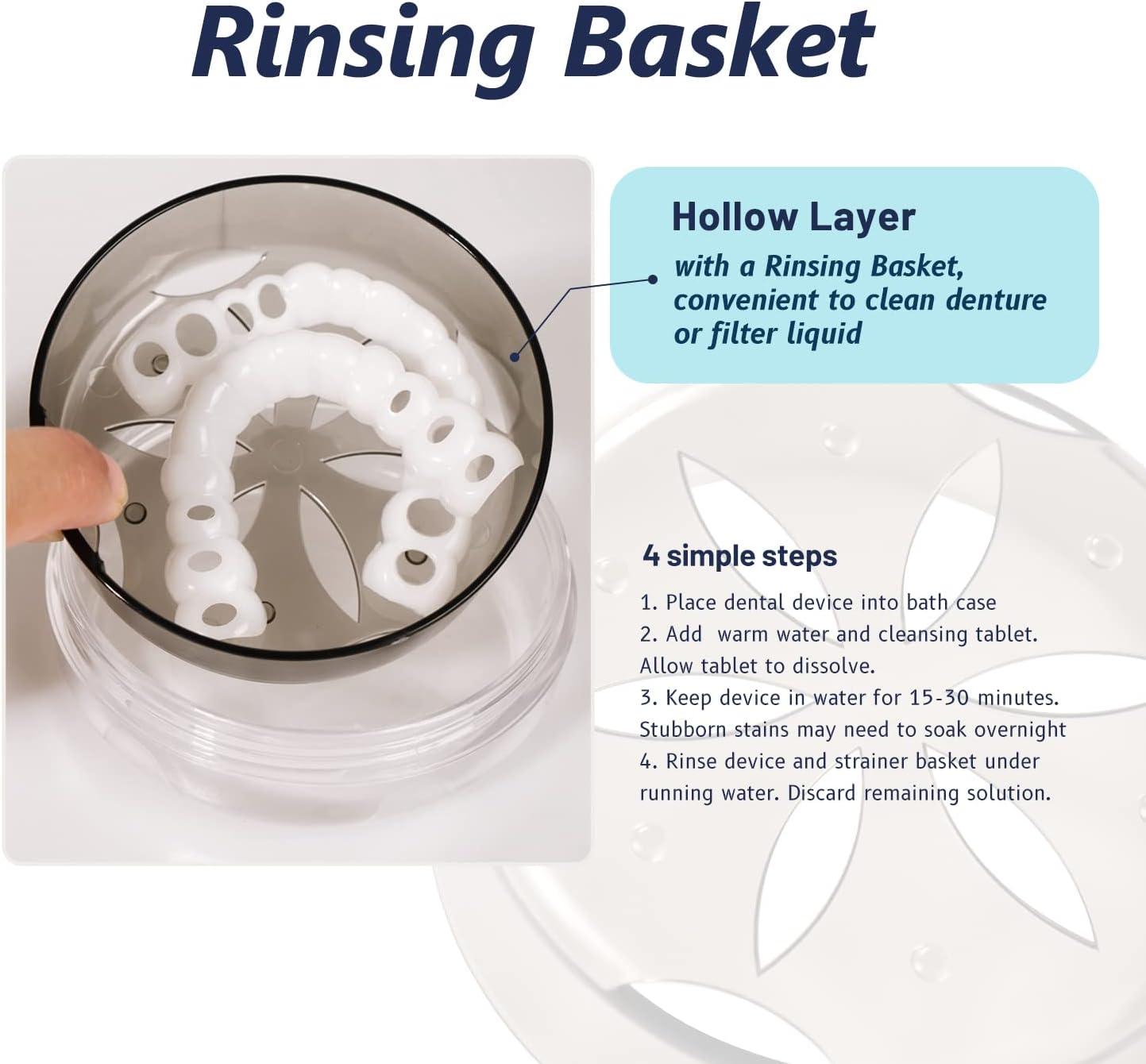 Denture Cup with Strainer & Mirror - No-Leak Retainer Case and Cleaning Box for Traveling (Grey) image number 3