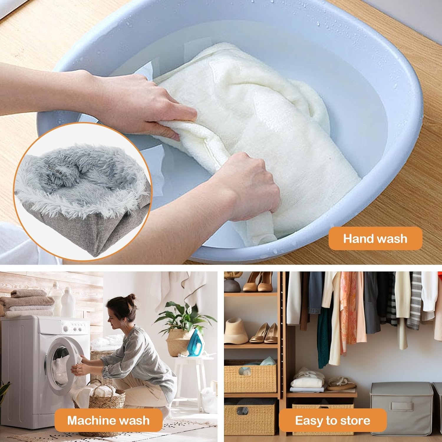 2-In-1 Plush Soft Cat Cushion, 61 X 51 Cm Pet Bed, Grey Cat Basket for Sleeping, 2-In-1 for Cat Bed, Sofa, Dog Basket, Small Dogs, Washable, for Puppies, Kittens and Other Small Animals image number 2