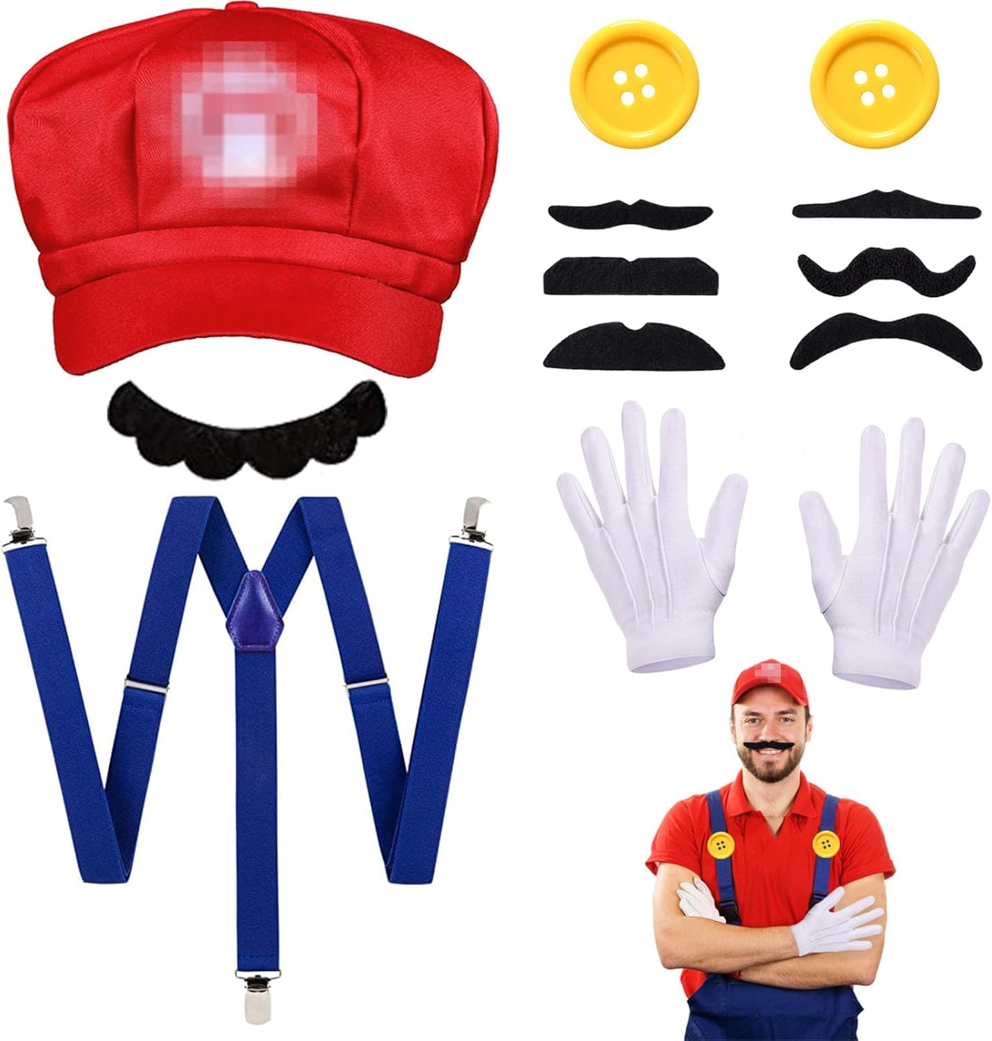 WOTOW Super Brother Costume Accessories Set - Adult Video Game Role Cosplay with Hat Gloves Moustache Buttons Suspenders Fancy Outfit for Dress up Party Supplies Halloween Party Cosplay