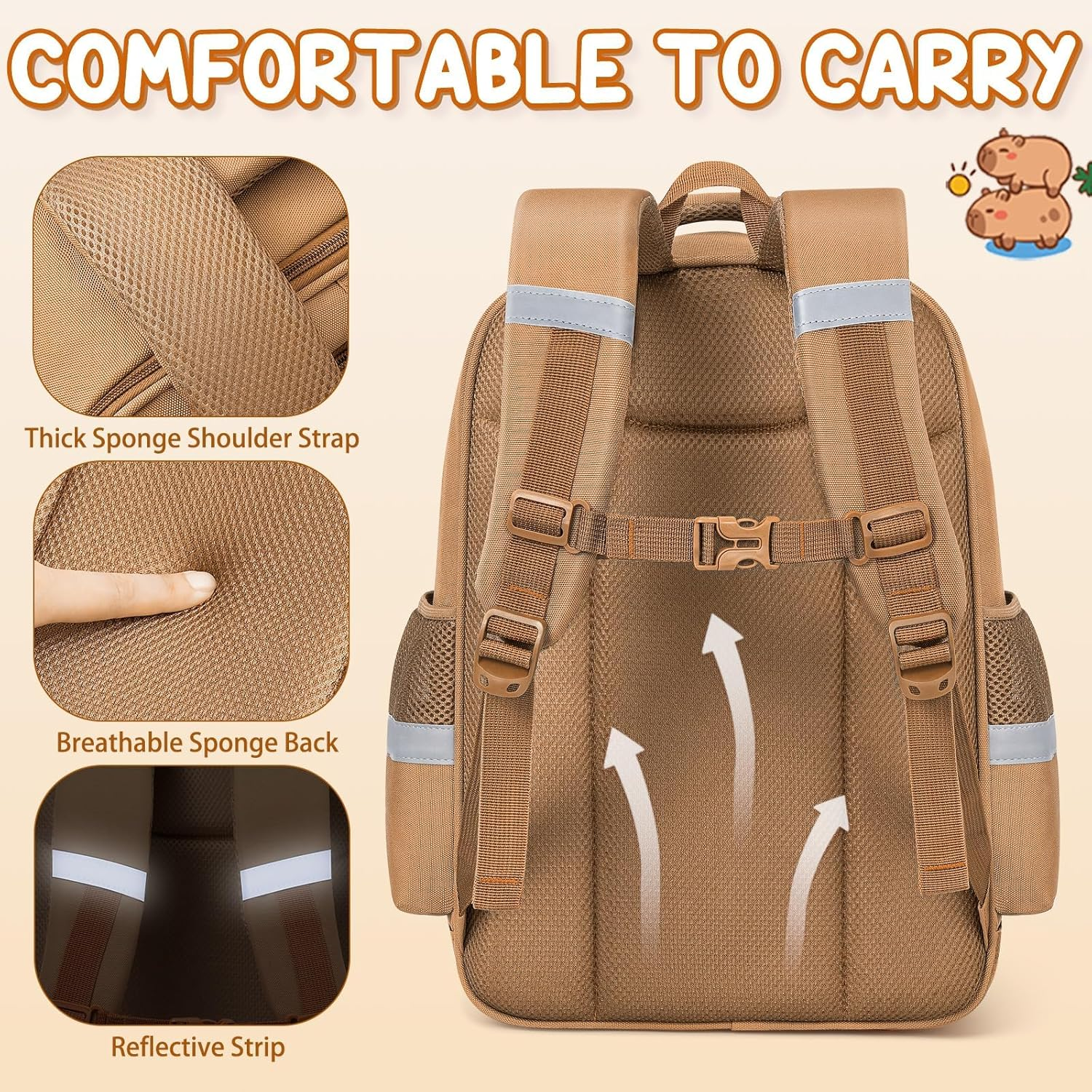 Fimibuke Kids School Backpack for Girls Boys, Cute Toddler Backpack School Supplies with Bookbag Pencil Pouch Stationery Set, Panda, Large - Capybara image number 5