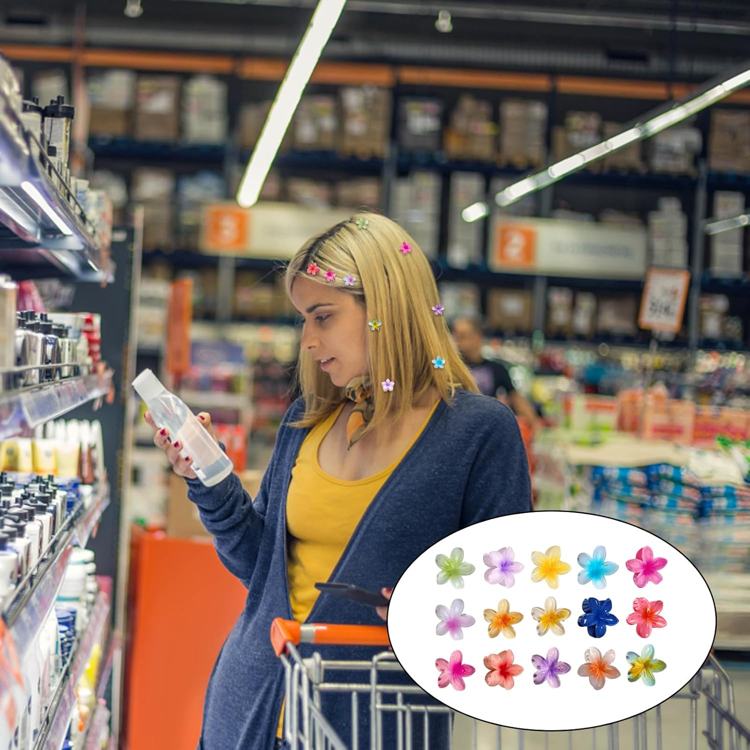 Pack of 15 Flower Hair Clips, 15 Colours, 4 Cm Flower Hair Clip, Flower Hair Clip for Women and Girls, Ideal for Thick Hair and Styling at Parties and Everyday Use image number 1