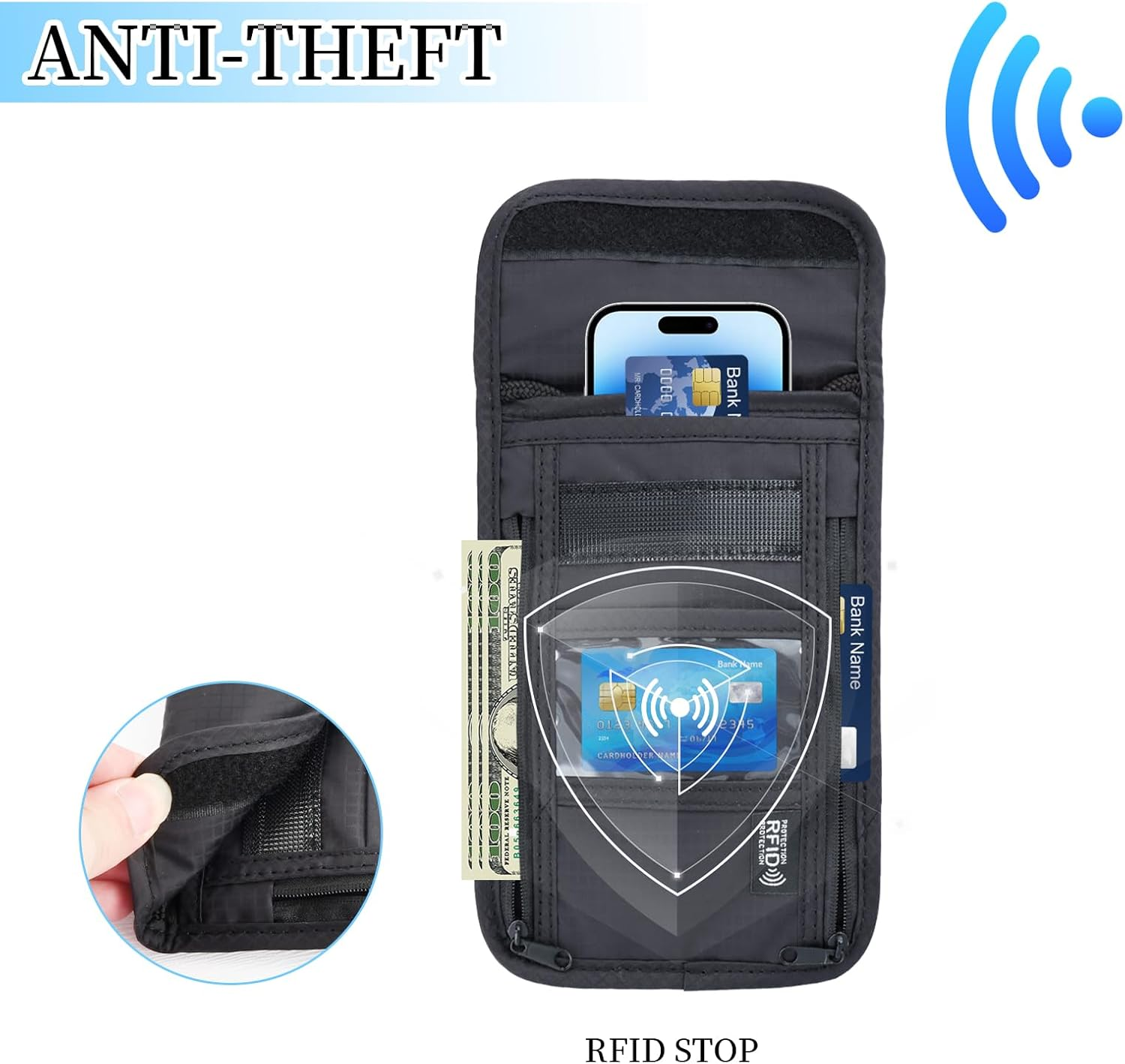 Amexo Neck Pouch, Passport Bag with RFID Protection, Mobile Phone Shoulder Bag, Men'S Anti-Theft Bag for Children, Boys, Girls, Women - Black image number 2