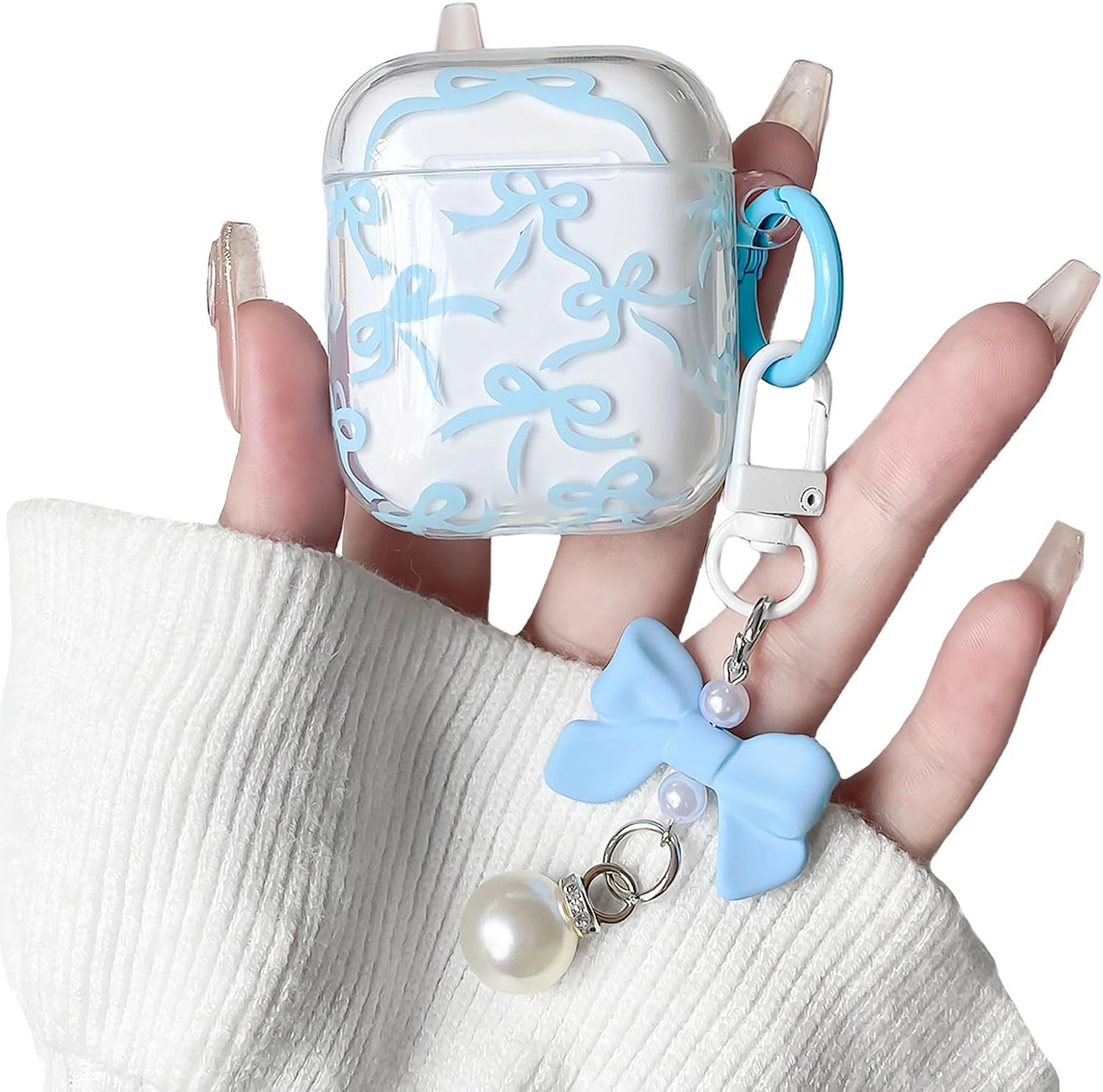 Lovmooful Compatible for Airpods 4Th Case Cute Clear Ribbon Bowknot with Lovely Pearl Chain Design for Women Girls Soft TPU Shockproof Protective Cover Case for Airpods 4 - (Pink)