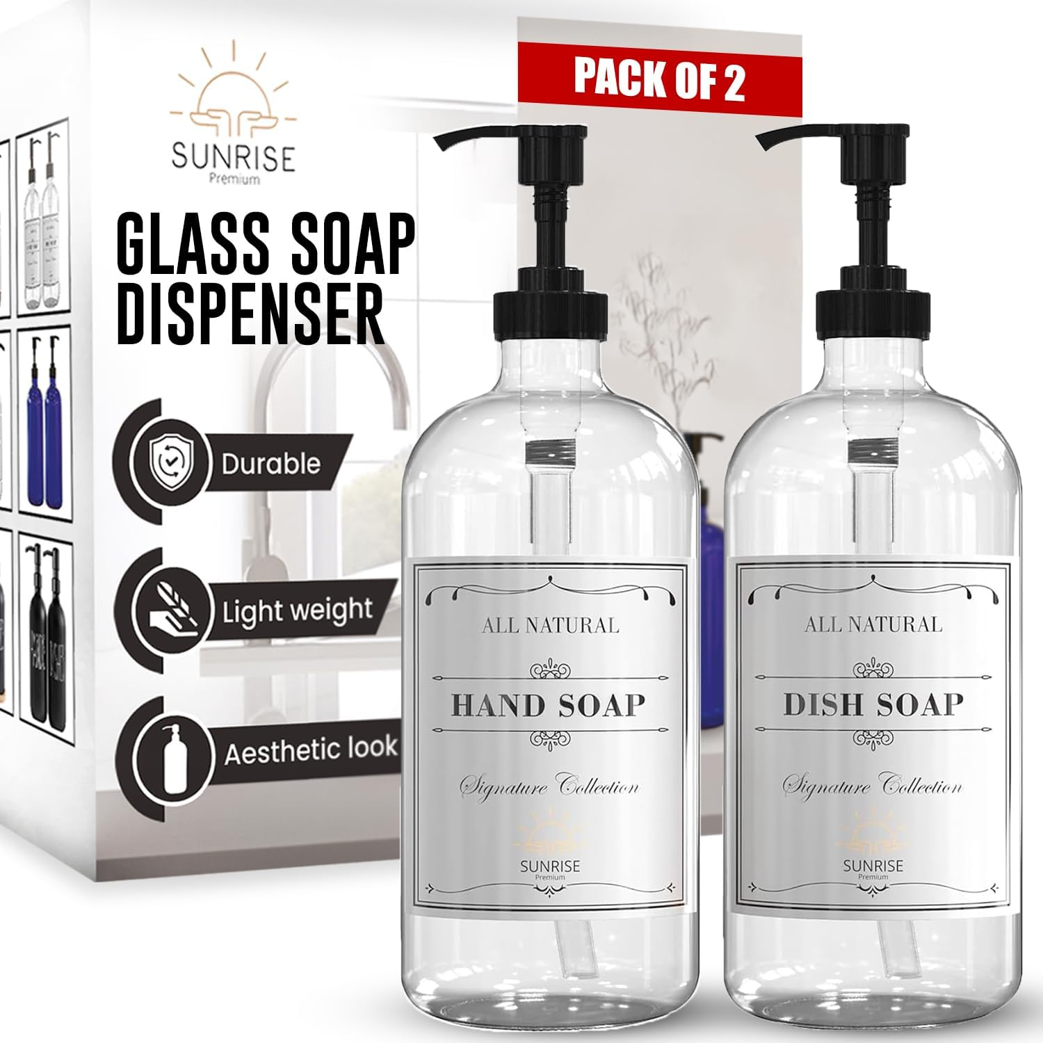16 OZ Thick Clear Glass Soap Dispenser with Plastic Pump 2 Pack, Hand and Dish Soap Dispenser Set for Bathroom with 6 Waterproof Labels