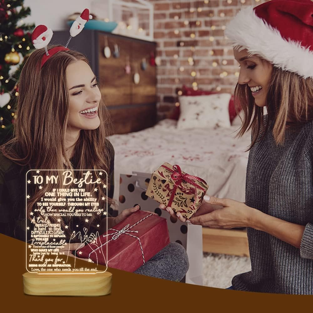 To My Bestie Gifts, Friends Night Light for Best Friend Sister Boys & Girls Women BFF Birthday Holiday Friendship, Soft Warm White Colors LED Wooden Table Lamp