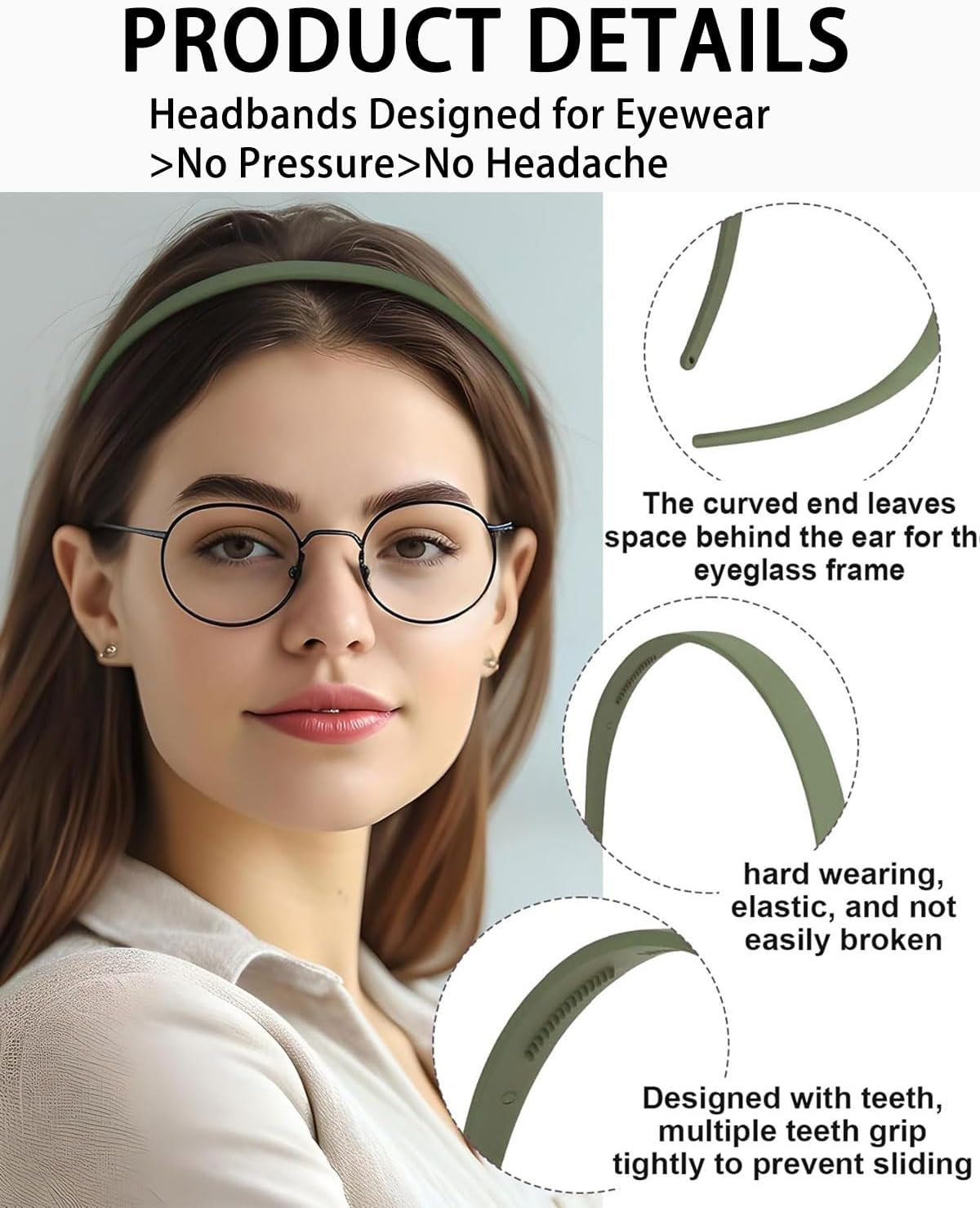 TPZORJX 3 Pieces Serrated Headband, One Piece Thin Women'S Headband, Matte Finish, Non-Slip, Perfect for Glasses and Daily Use (White, Light Curry, Green) image number 2