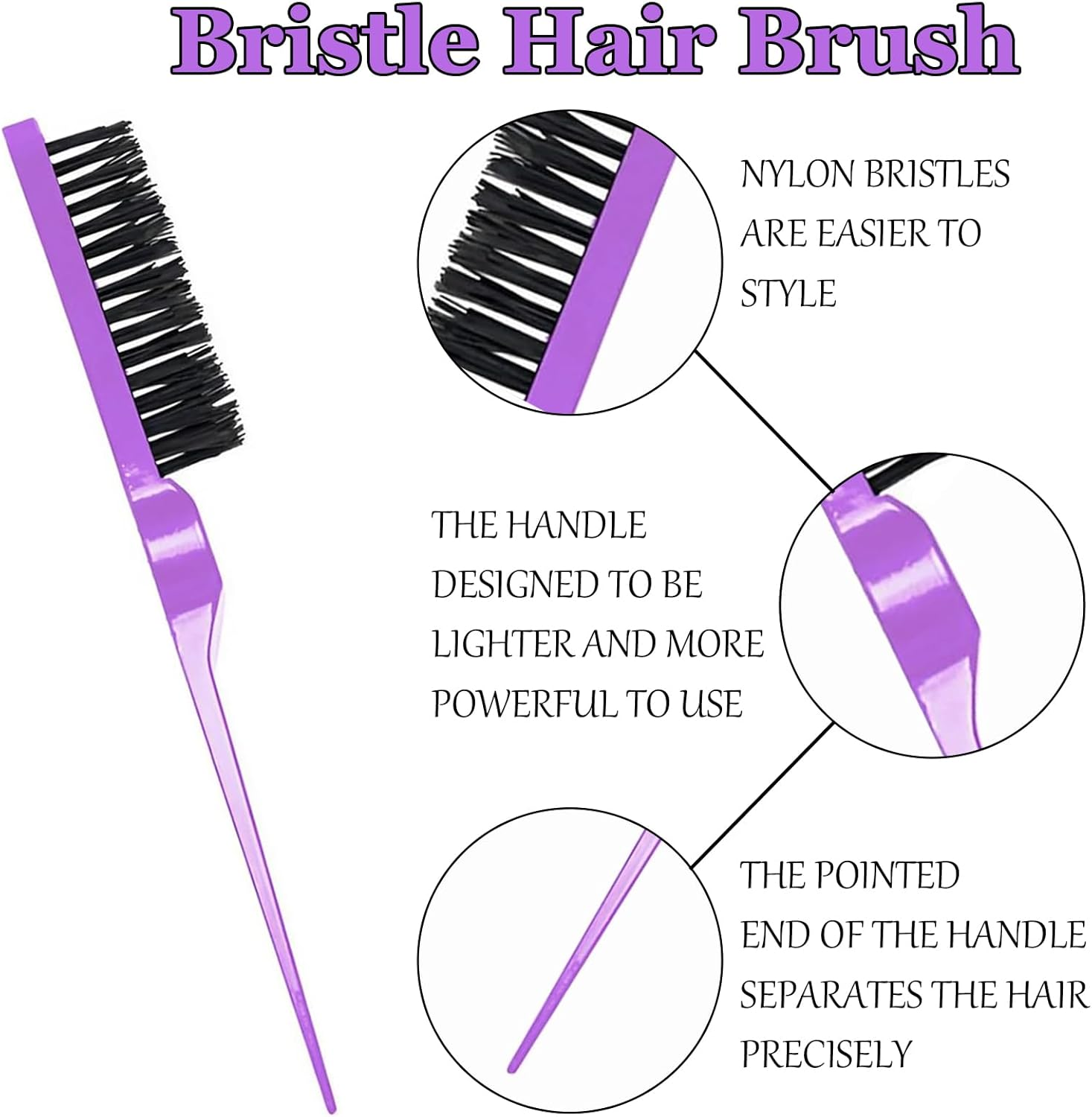 3Pcs Styling Hair Brush Set, Rat Tail Comb, Double-Sided Edge Brush, Bristle Hair Brushr for Women Man, Purple