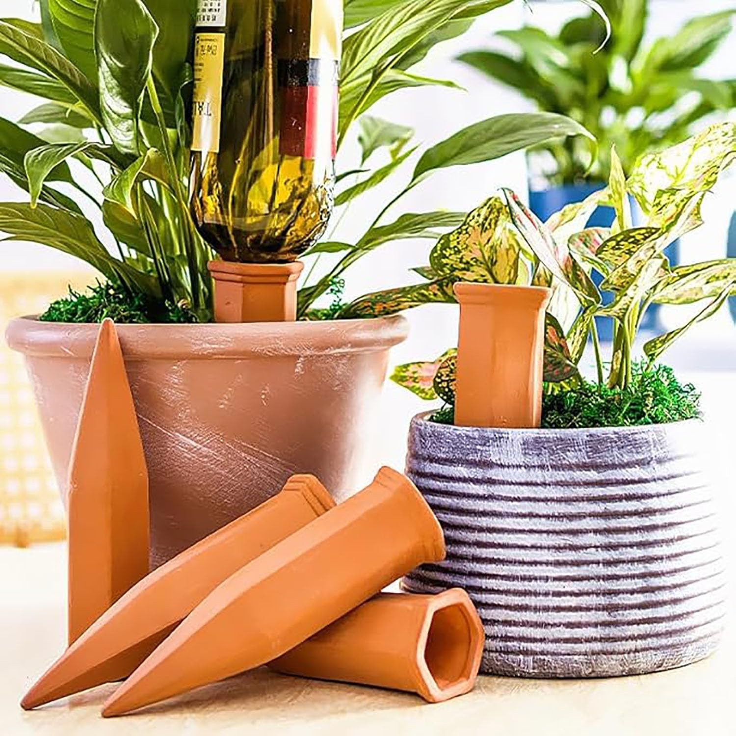 4 Pcs Plant Watering Devices, Terracotta Plant Watering Stakes, Automatic Plant Waterers, Slow Release Plant Watering Spikes for Wine Bottles Great Watering Spikes for Indoor & Outdoor Plants