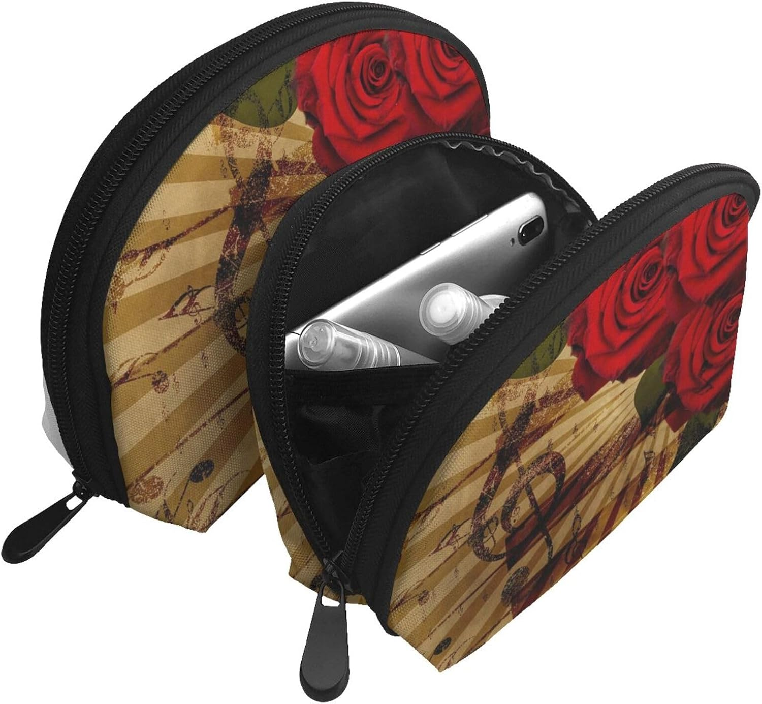 Cozimangoe Coin Pouch Makeup Bags Set, 2 Piece Shell Shape Cosmetic Bag with Pockets for Daily Travel Handbag Lipstick Keys Toiletry, Personalized Grunge Rose Vintage Music image number 4