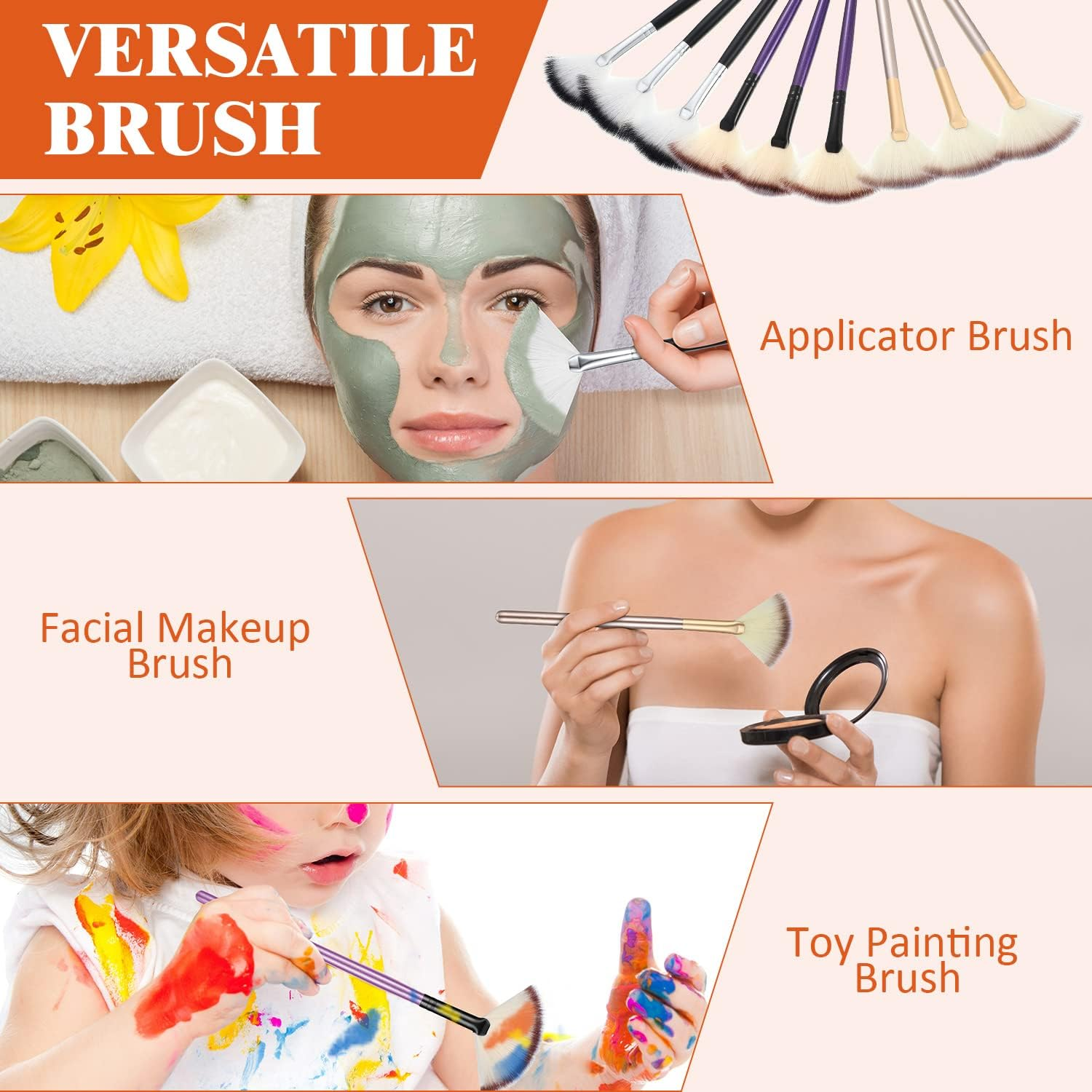 9 Pieces Facial Brushes Fan Mask Brushes, Soft Facial Applicator Brushes Tools for Peel Glycolic Mask Makeup for Mud Cream (Champagne, Purple, Black) image number 2