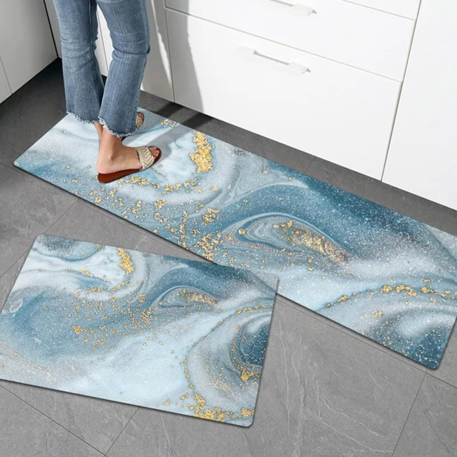 2 Pieces Non Slip Cushioned Kitchen Floor Mat Set,Marble Pattern with Gold Accents, 5Mm Thick PVC Non-Slip Waterproof Kitchen Rugs, 45X75Cm+45X120Cm, Light Blue