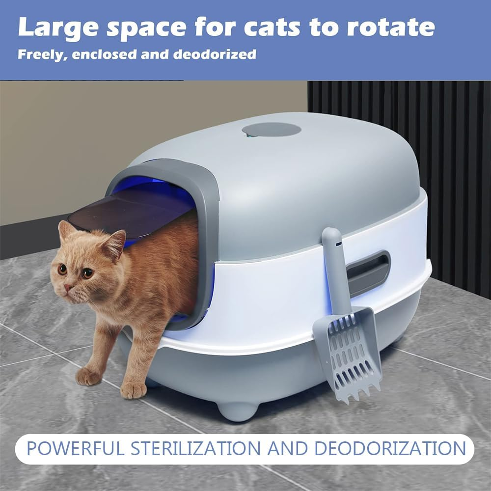 Cat Litter Box with Lid and Scoop UV Sterilization and Deodorization, Easy to Clean and Splash-Proof Detachable Cat Litter Tray with Hood for Medium and Small Cats 55X38X36Cm (Grey) image number 6