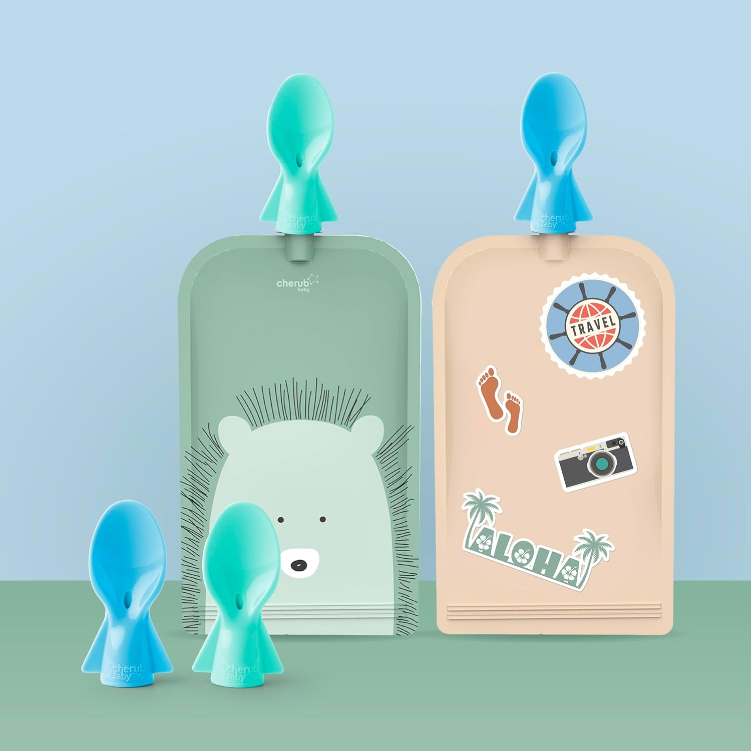 Cherub Baby Universal Reusable Non-Spill Baby Food Pouch Squeeze Spoon Topper Attachment 2 Pack with Travel Case - Cerulean/Sage - Dusty Rose/Sand image number 5